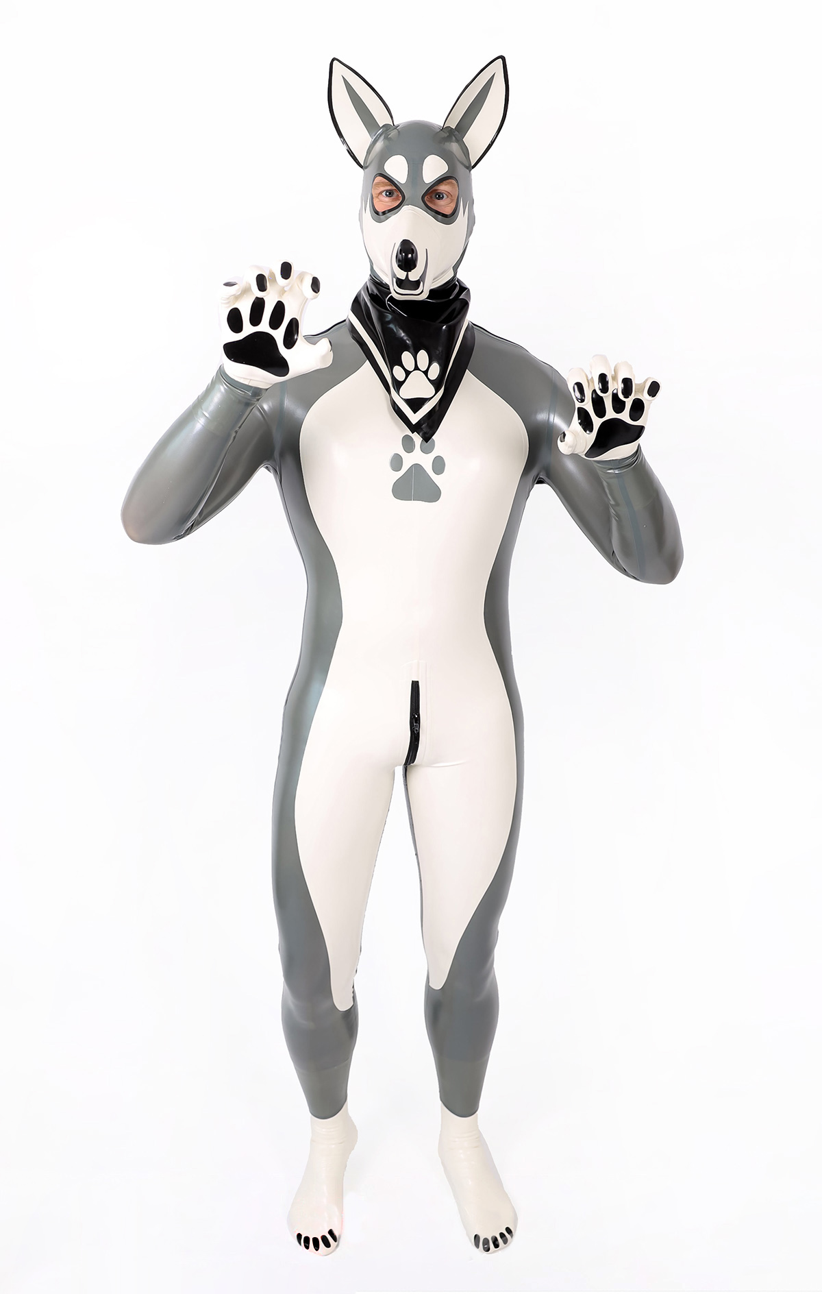 Latex Men’s Pup Play Catsuit – Grey, Cream White and Black