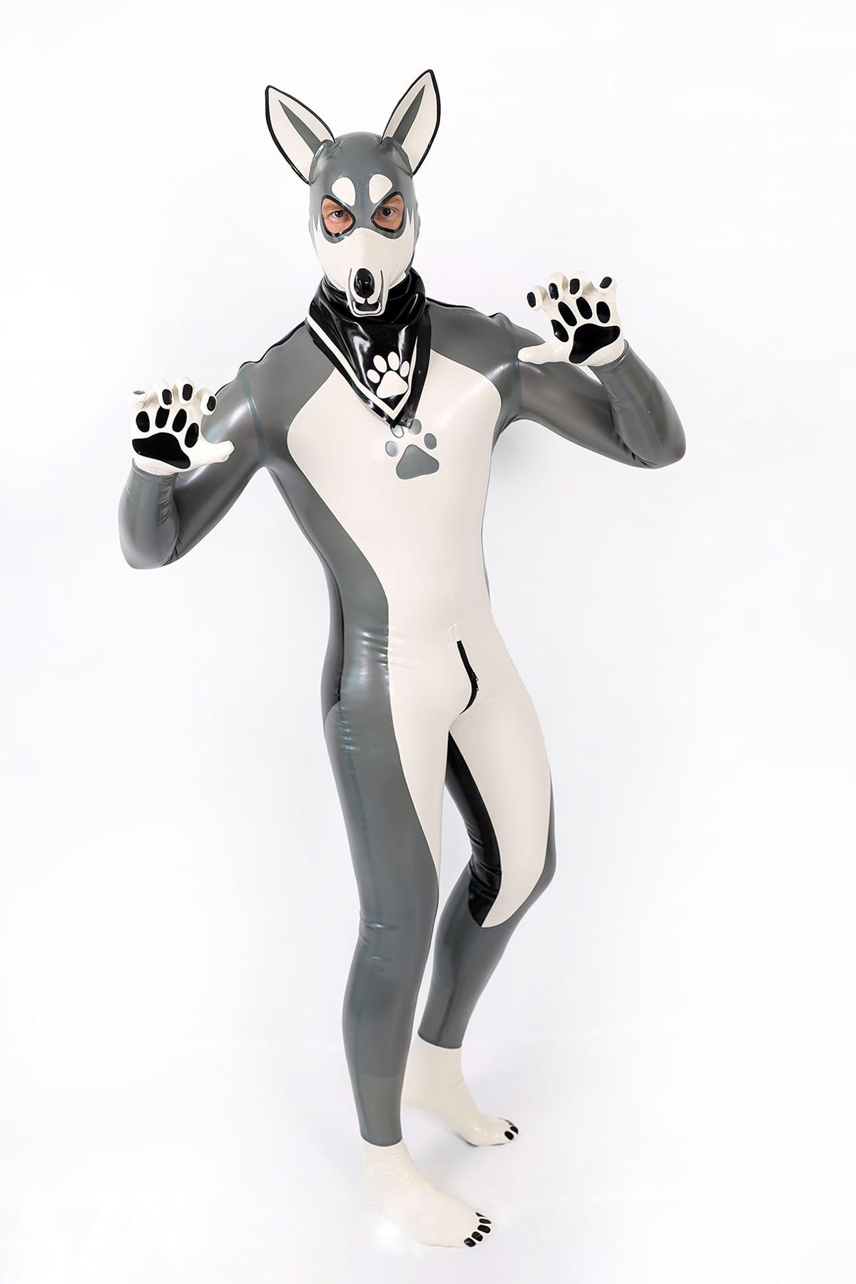 Latex Men’s Pup Play Catsuit – Grey, Cream White and Black