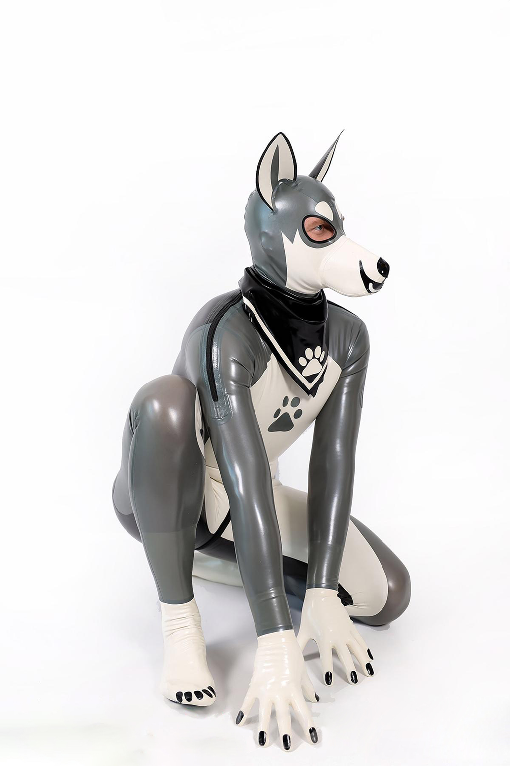 Latex Men’s Pup Play Catsuit – Grey, Cream White and Black