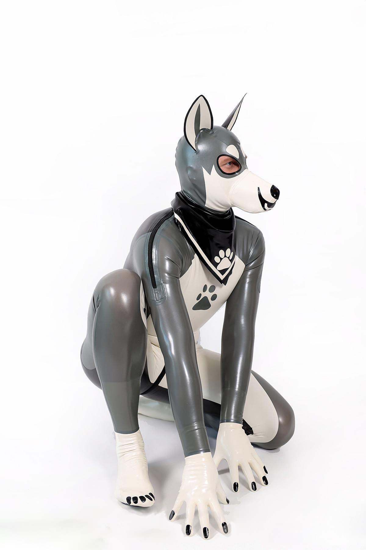 Latex Men’s Pup Play Catsuit – Grey, Cream White and Black