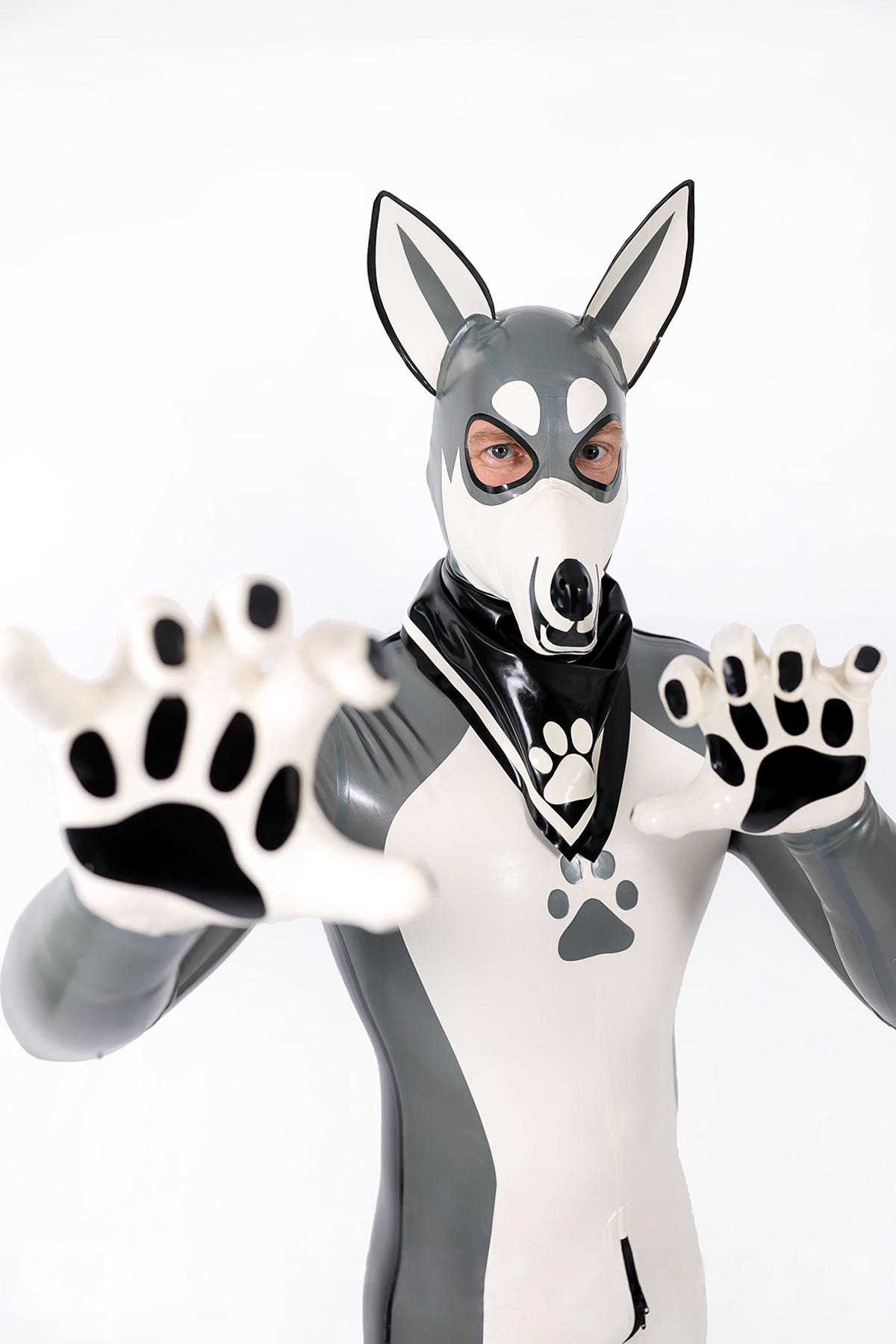 Latex Men’s Pup Play Catsuit – Grey, Cream White and Black