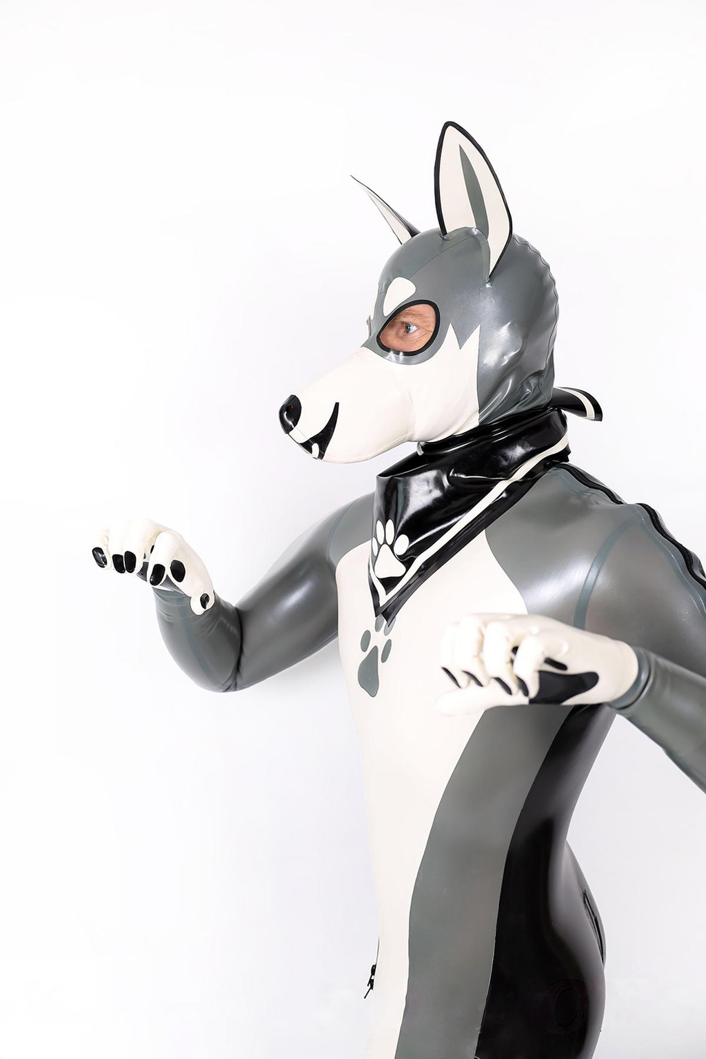 Latex Men’s Pup Play Catsuit – Grey, Cream White and Black