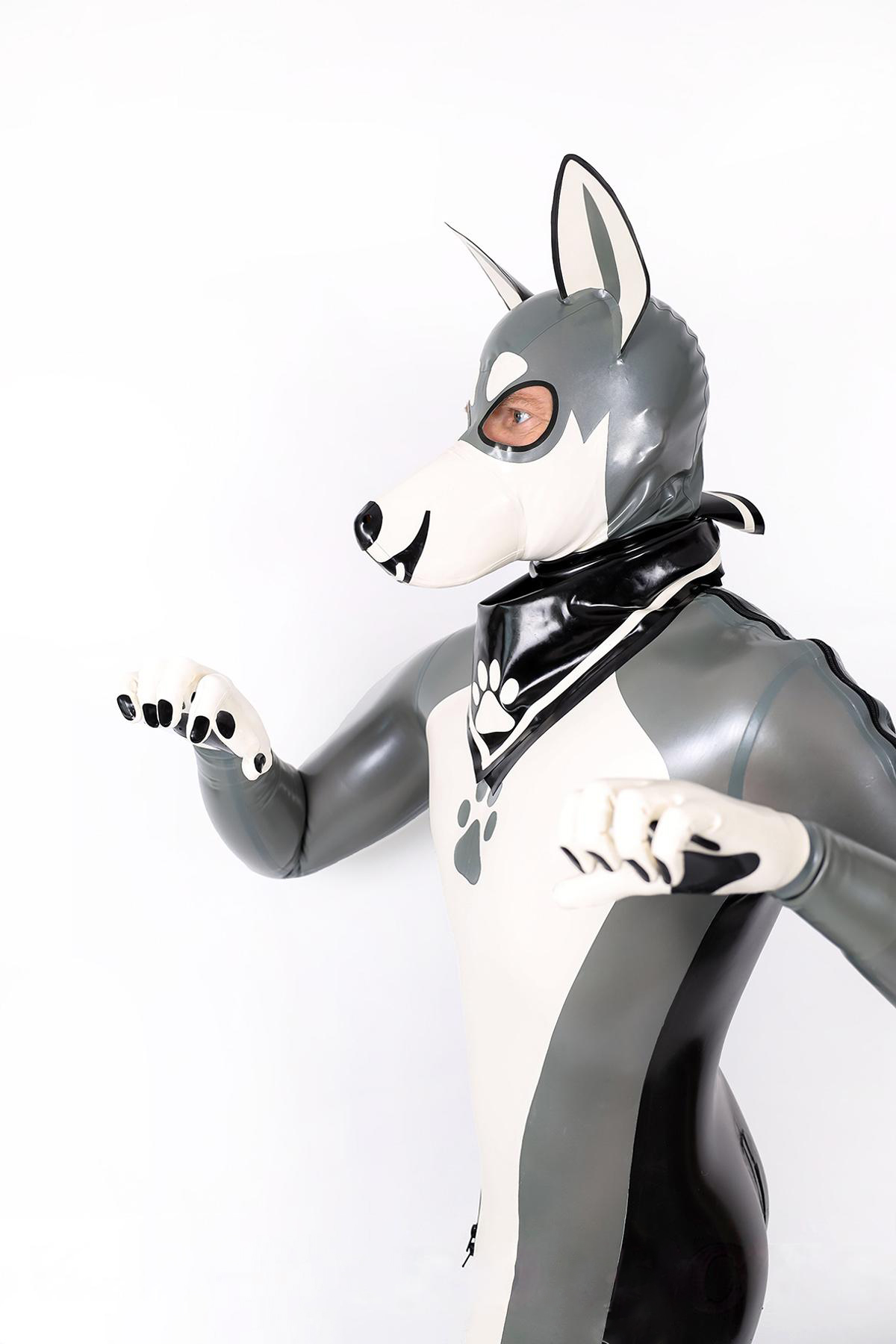 Latex Men’s Pup Play Catsuit – Grey, Cream White and Black