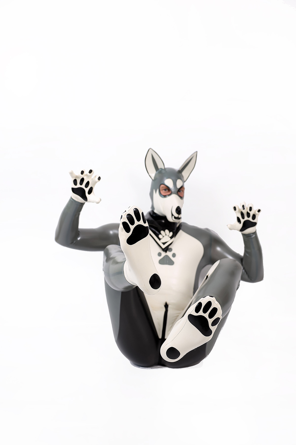Latex Men’s Pup Play Catsuit – Grey, Cream White and Black