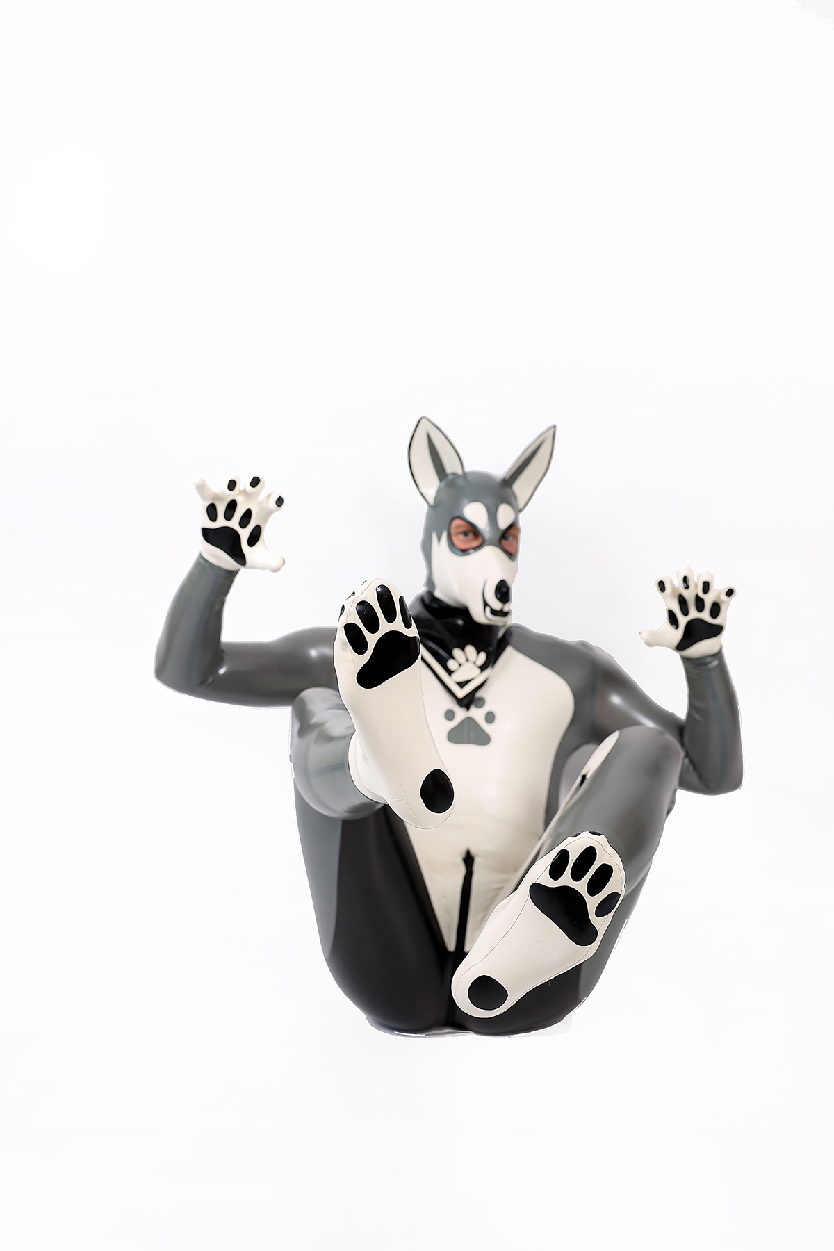 Latex Men’s Pup Play Catsuit – Grey, Cream White and Black