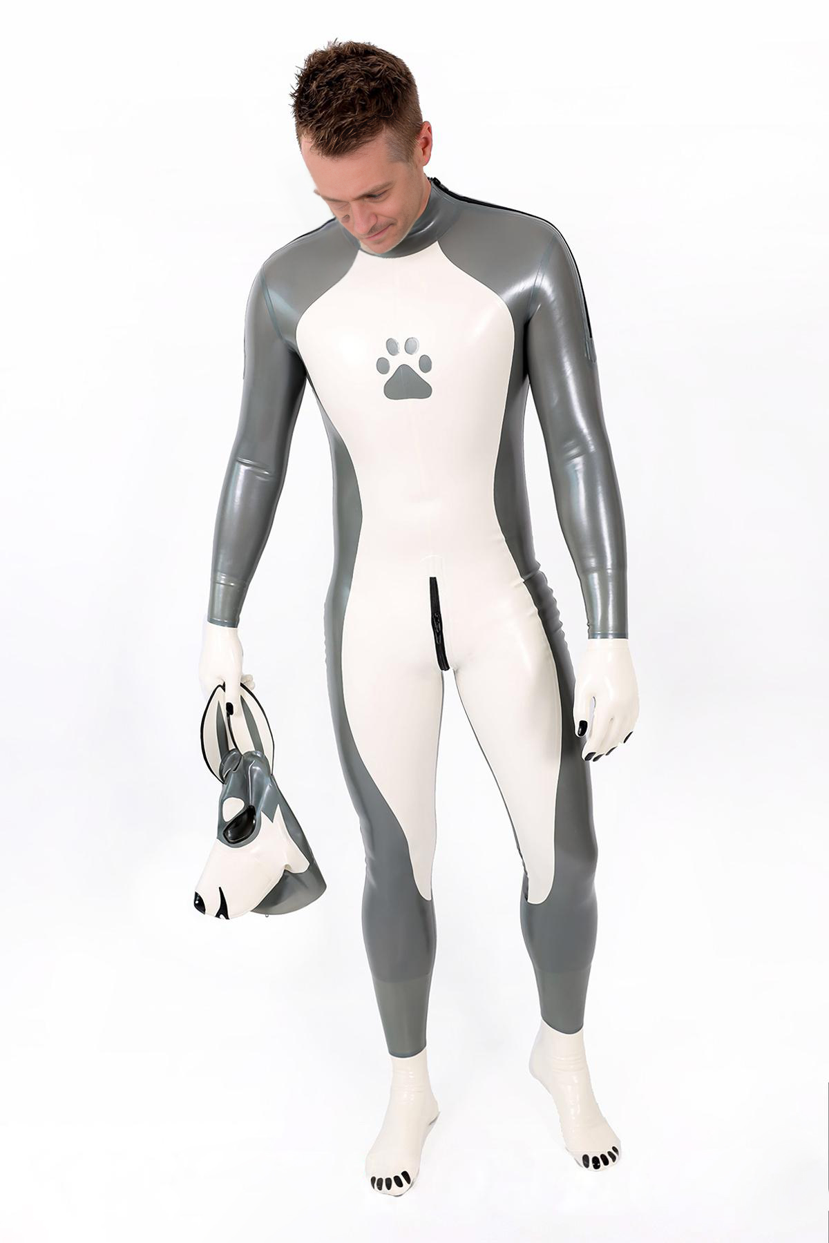 Latex Men’s Pup Play Catsuit – Grey, Cream White and Black