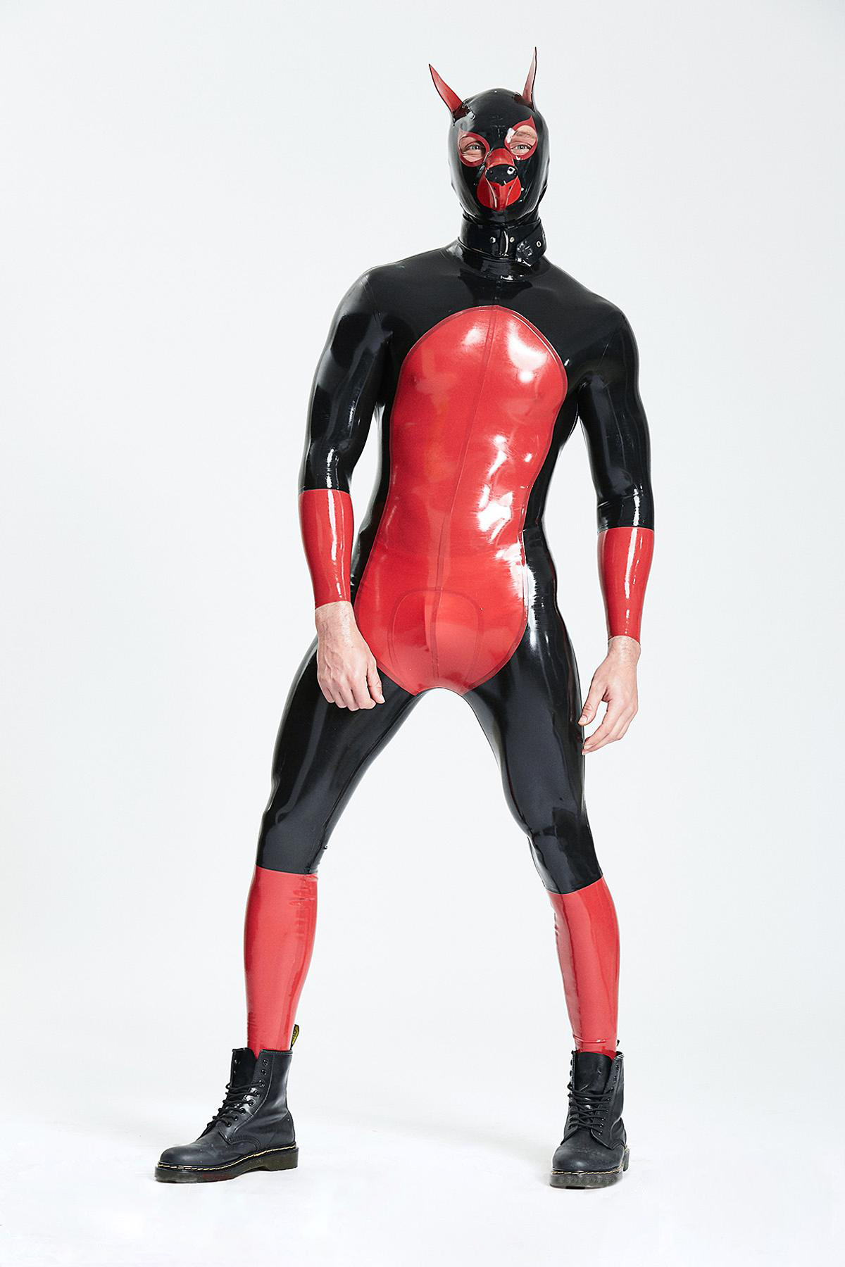 Latex Men’s Pup Play Catsuit with Contrast Body Panel – Black and Red