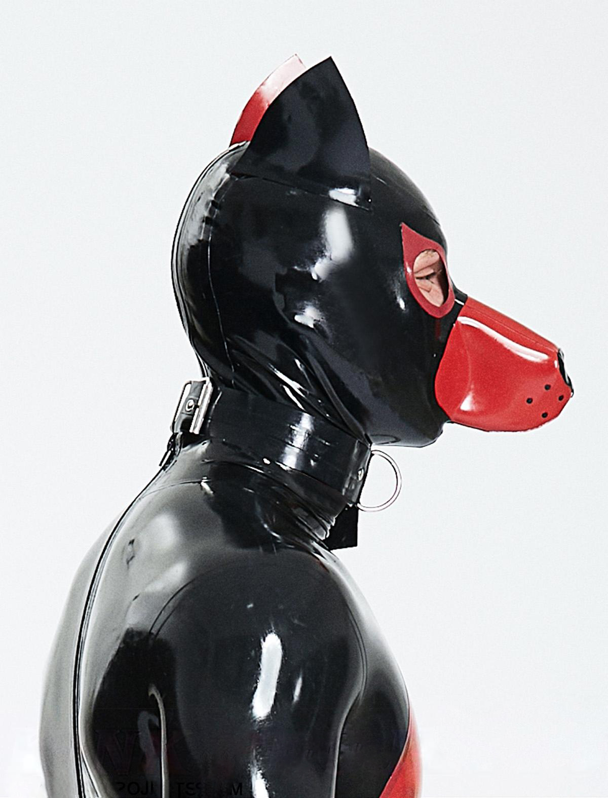 Latex Men’s Pup Play Catsuit with Contrast Body Panel – Black and Red