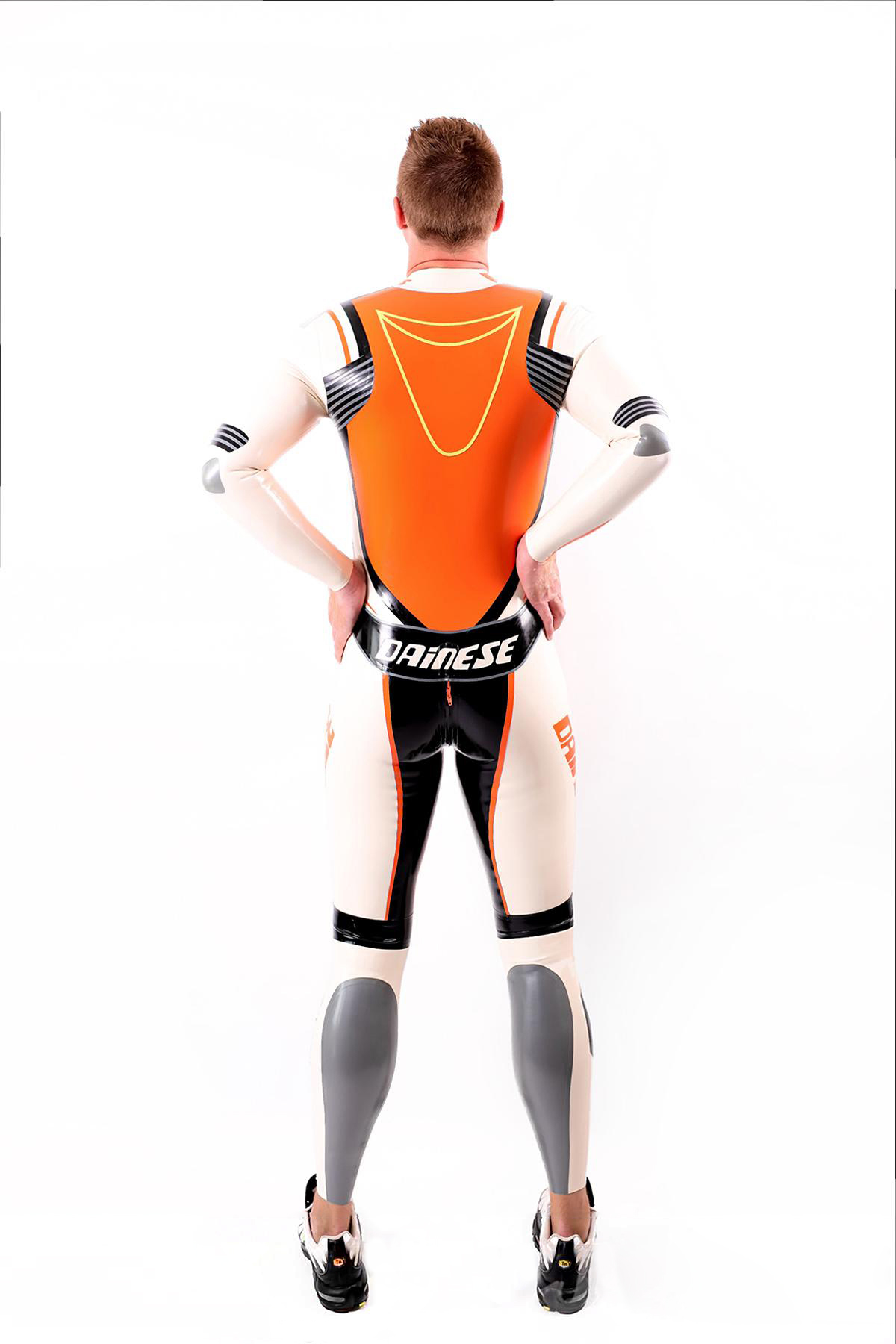 Latex Men’s MotoGP-Style Racing Catsuit – Orange, White and Black