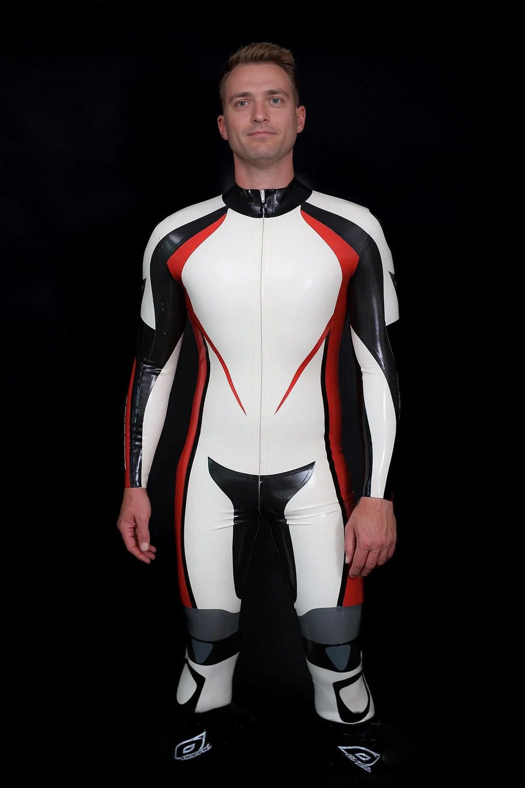 Latex Men’s Motorcycle Racing Suit – White, Red and Black