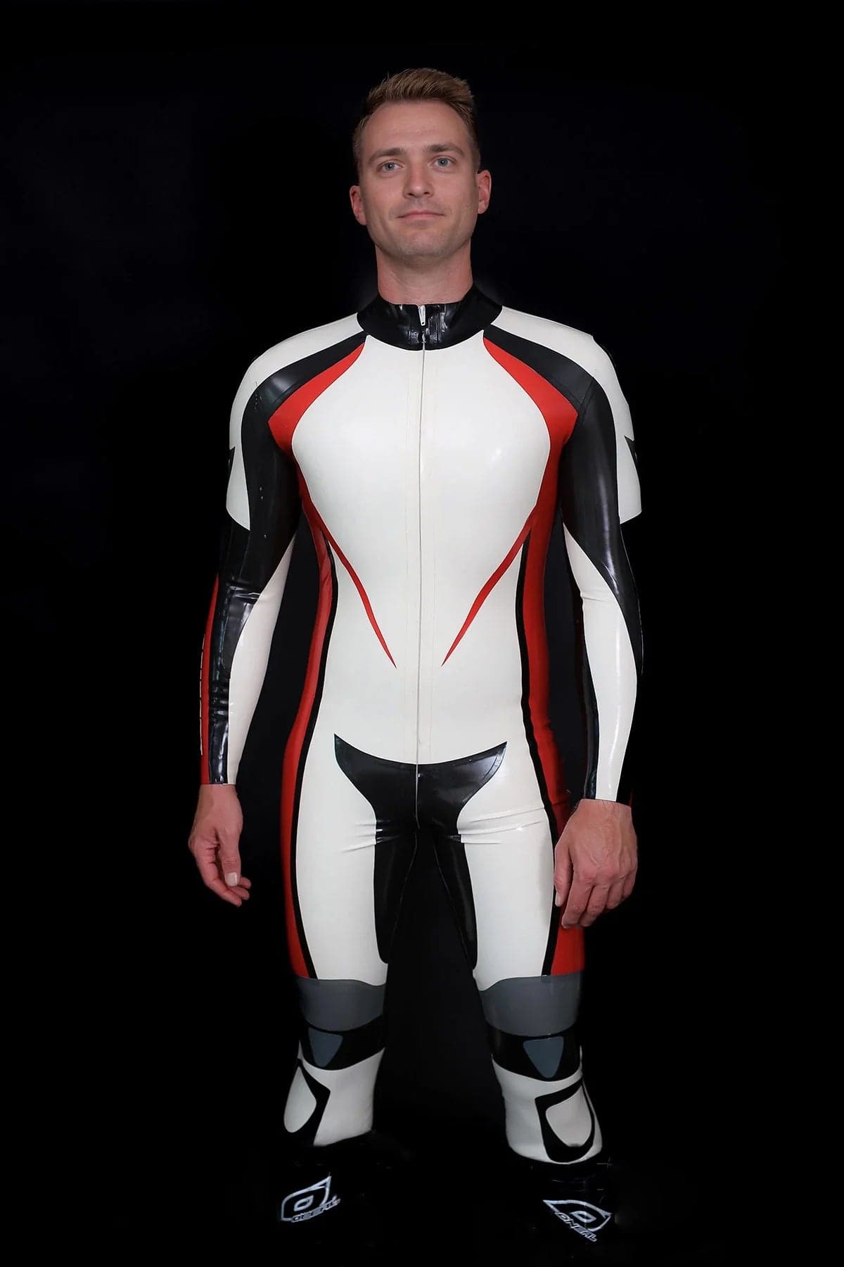 Latex Men’s Motorcycle Racing Suit – White, Red and Black