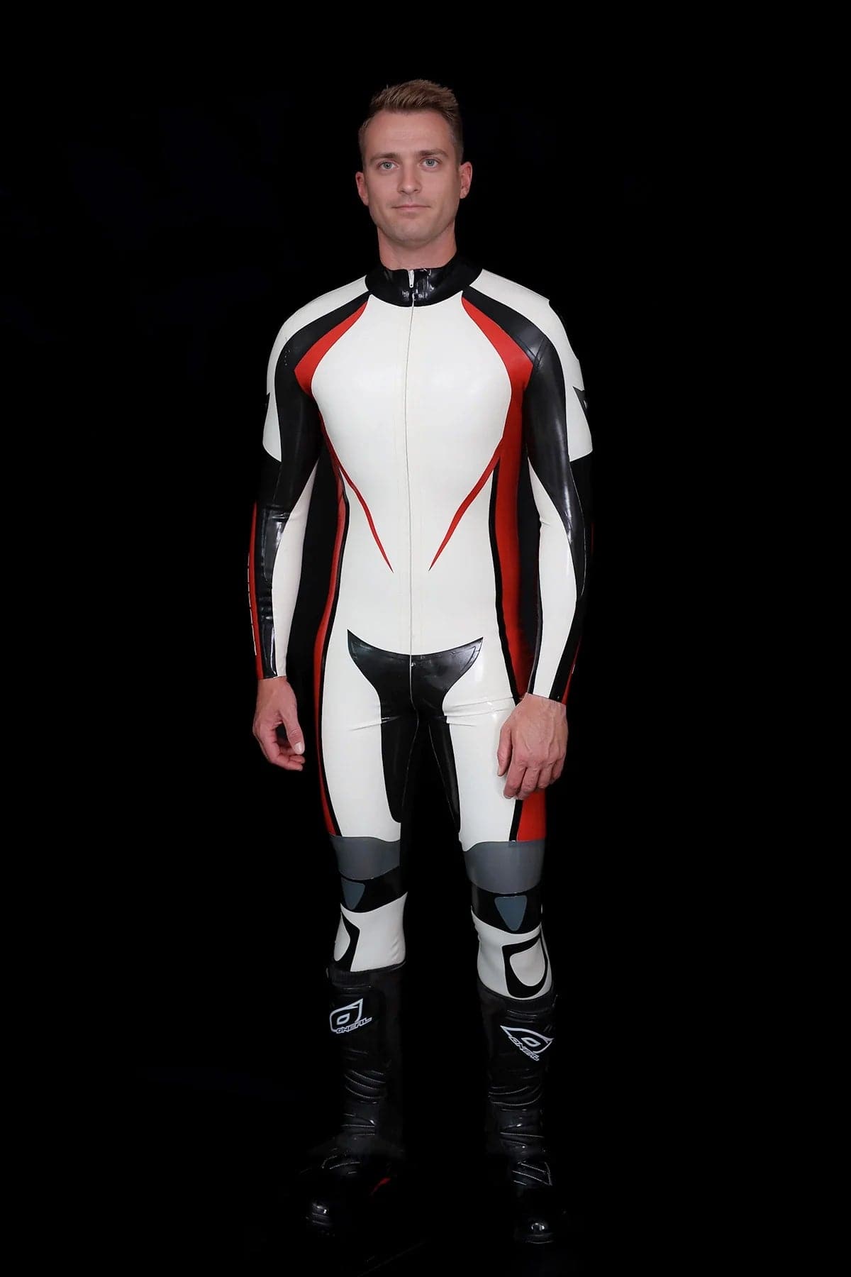 Latex Men’s Motorcycle Racing Suit – White, Red and Black