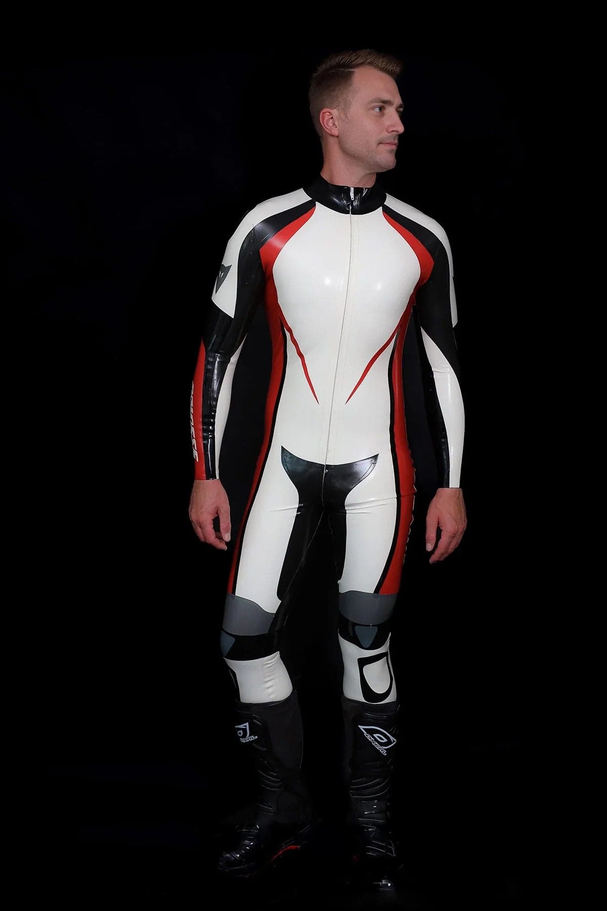 Latex Men’s Motorcycle Racing Suit – White, Red and Black
