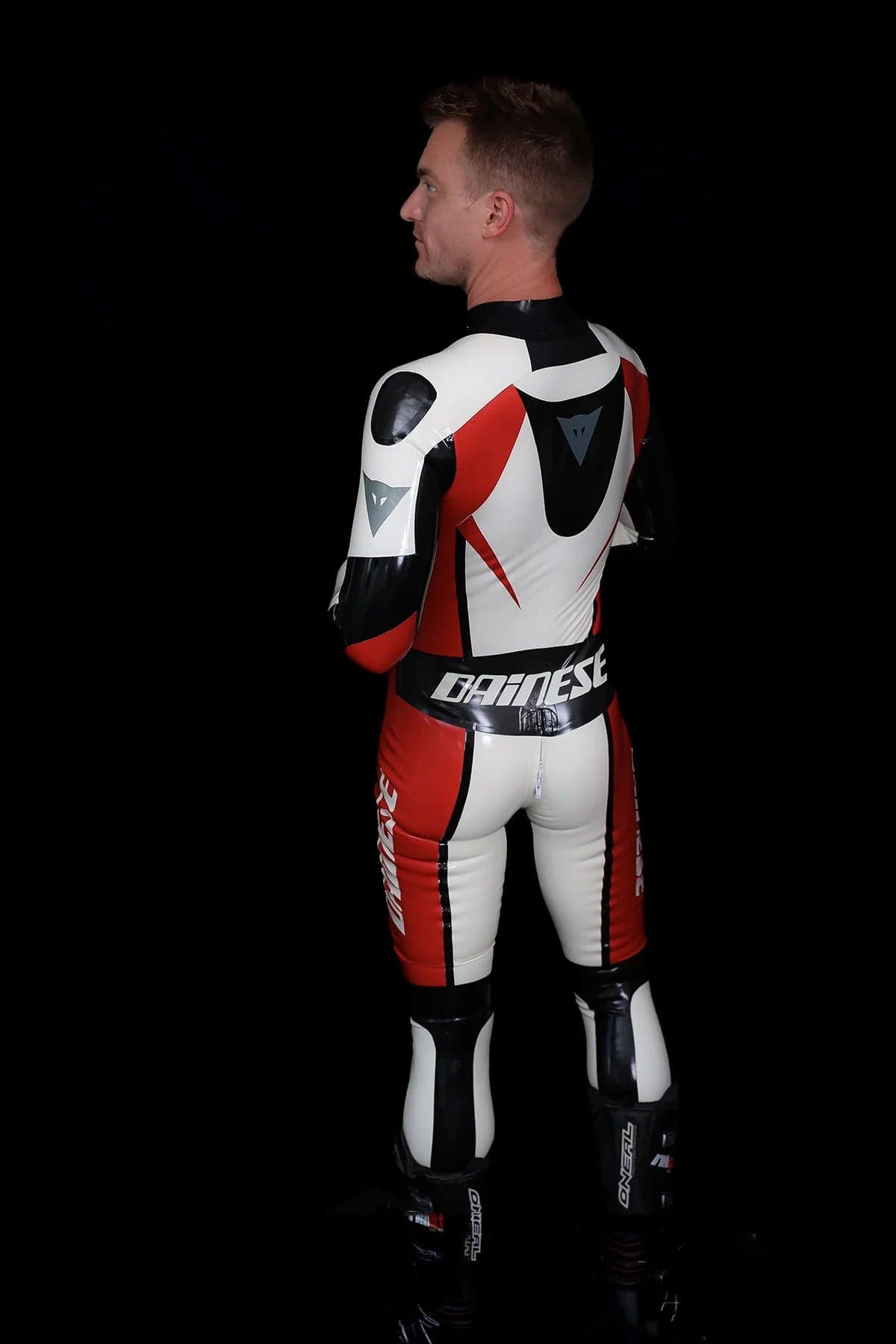 Latex Men’s Motorcycle Racing Suit – White, Red and Black