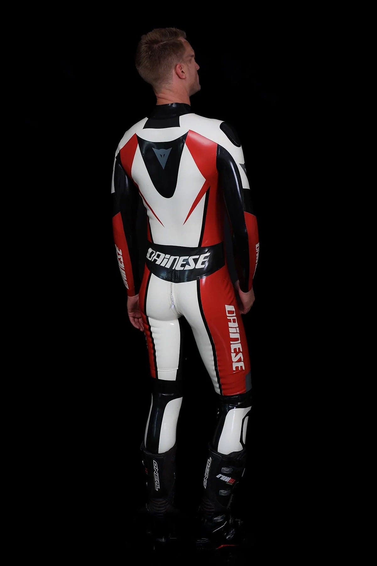 Latex Men’s Motorcycle Racing Suit – White, Red and Black
