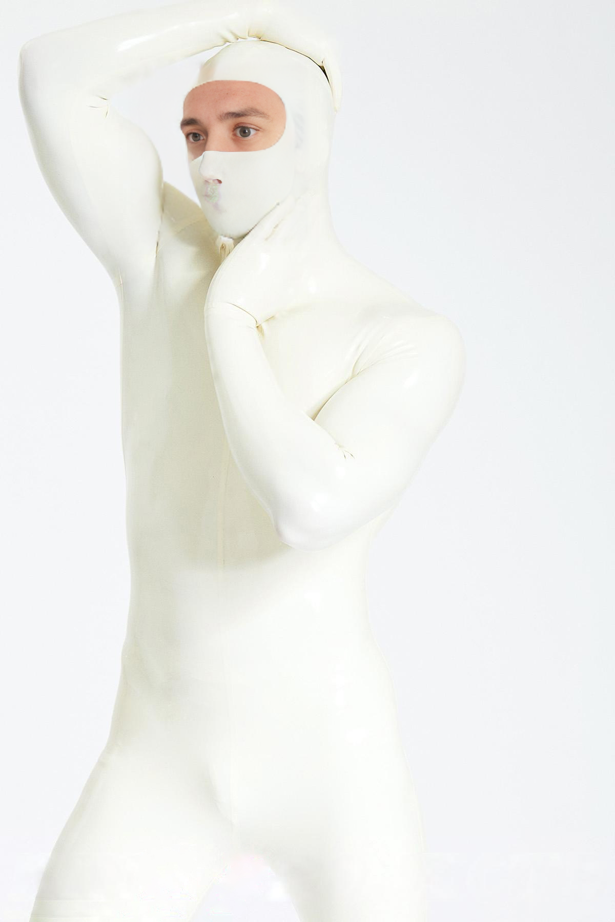 Latex Men’s Zipperless Total Enclosure Catsuit with Eye-Entry Hood – Pure White