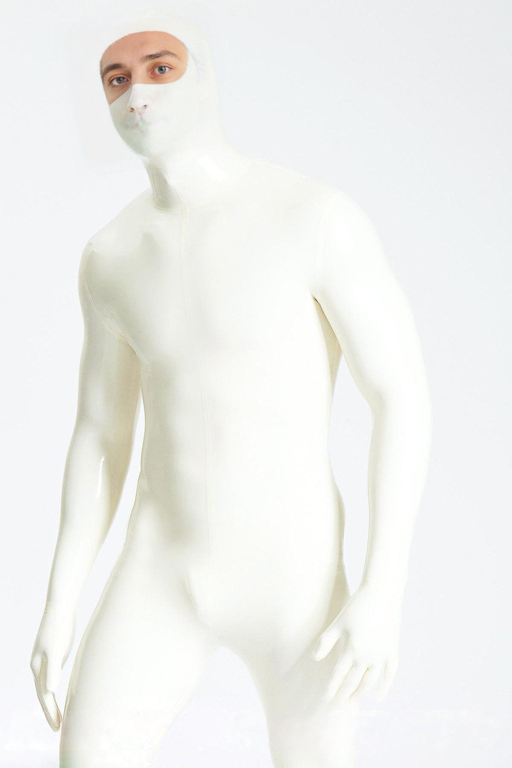 Latex Men’s Zipperless Total Enclosure Catsuit with Eye-Entry Hood – Pure White