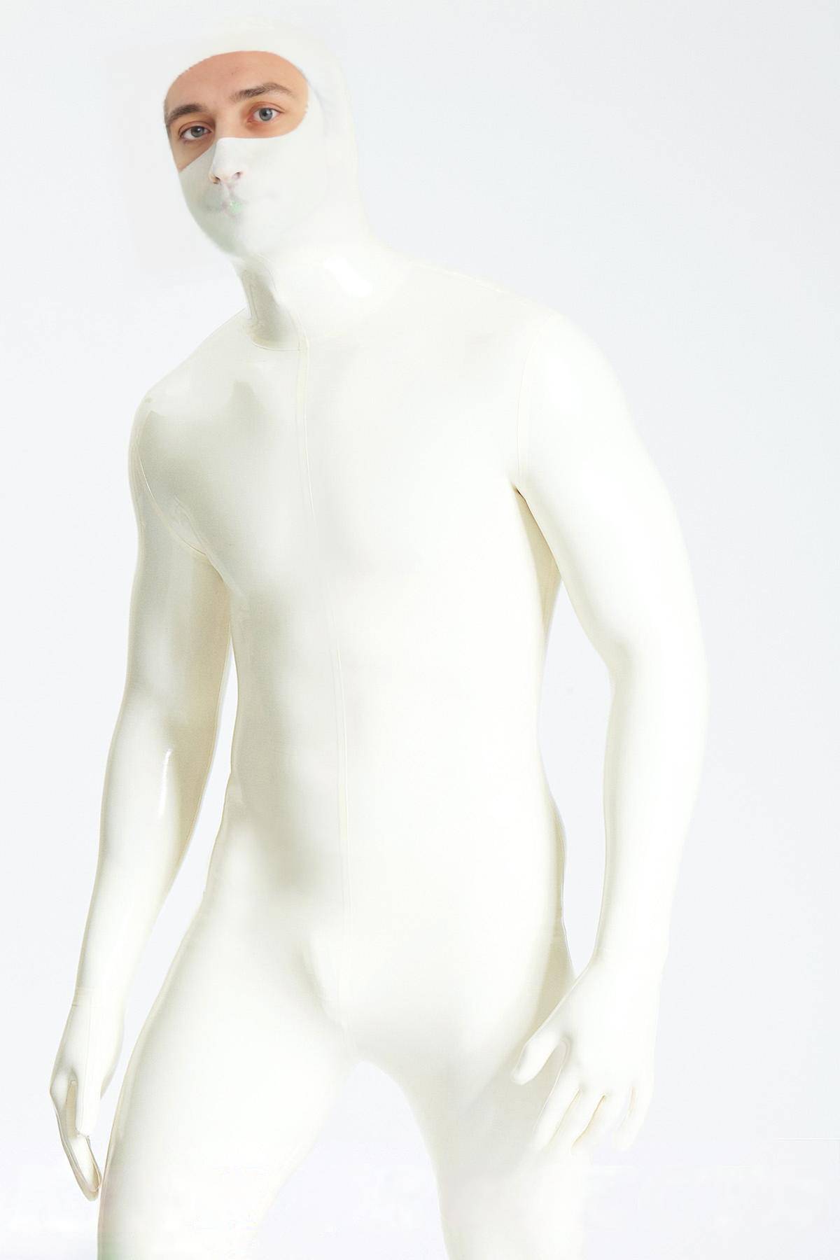 Latex Men’s Zipperless Total Enclosure Catsuit with Eye-Entry Hood – Pure White