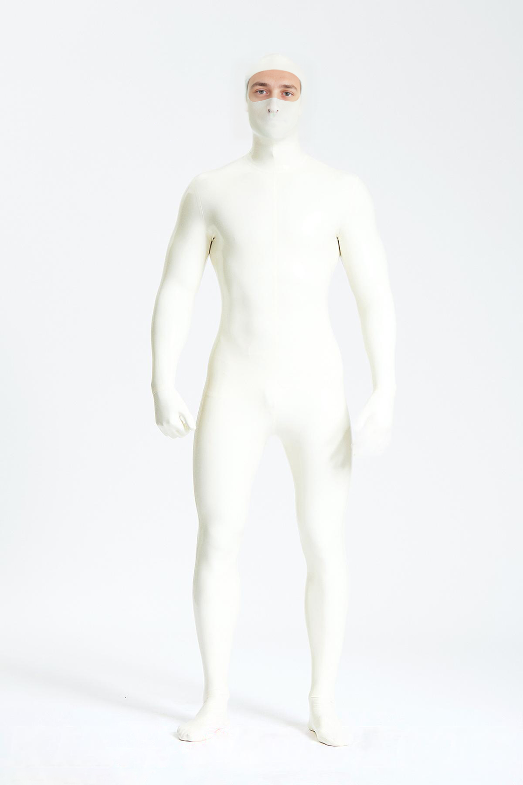Latex Men’s Zipperless Total Enclosure Catsuit with Eye-Entry Hood – Pure White