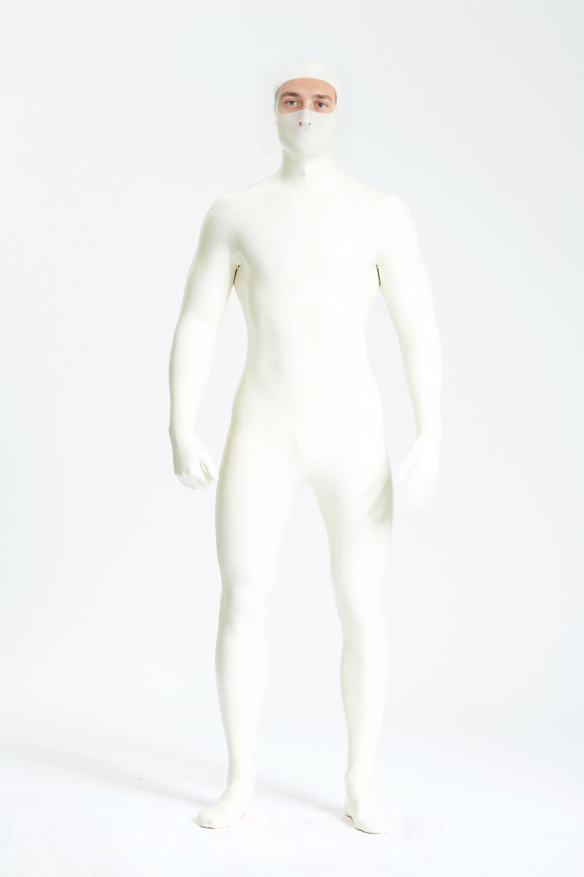 Latex Men’s Zipperless Total Enclosure Catsuit with Eye-Entry Hood – Pure White