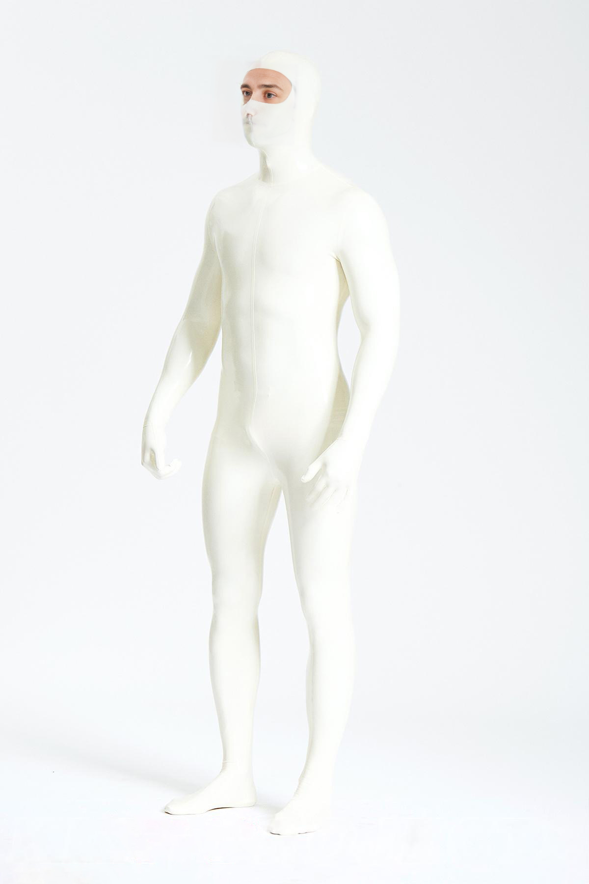 Latex Men’s Zipperless Total Enclosure Catsuit with Eye-Entry Hood – Pure White