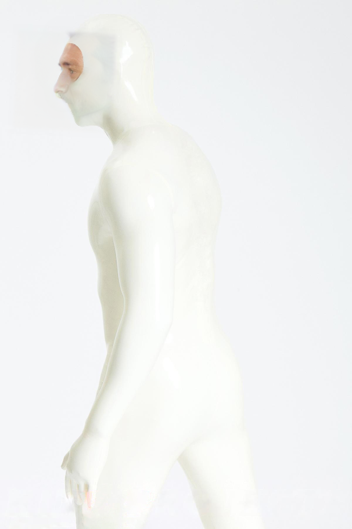 Latex Men’s Zipperless Total Enclosure Catsuit with Eye-Entry Hood – Pure White