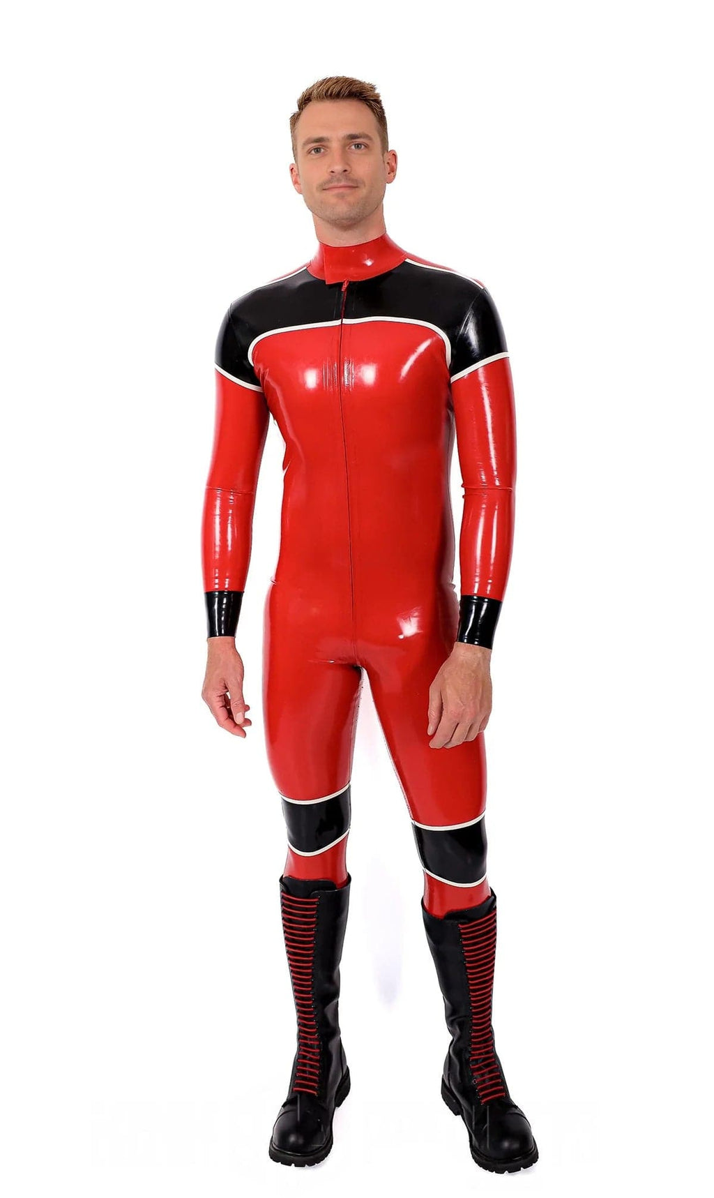 Latex Men’s Three-Colour Catsuit with White Trim Panels – Red, Black and White