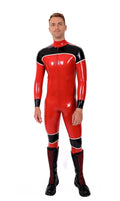 Latex Men’s Three-Colour Catsuit with White Trim Panels – Red, Black and White