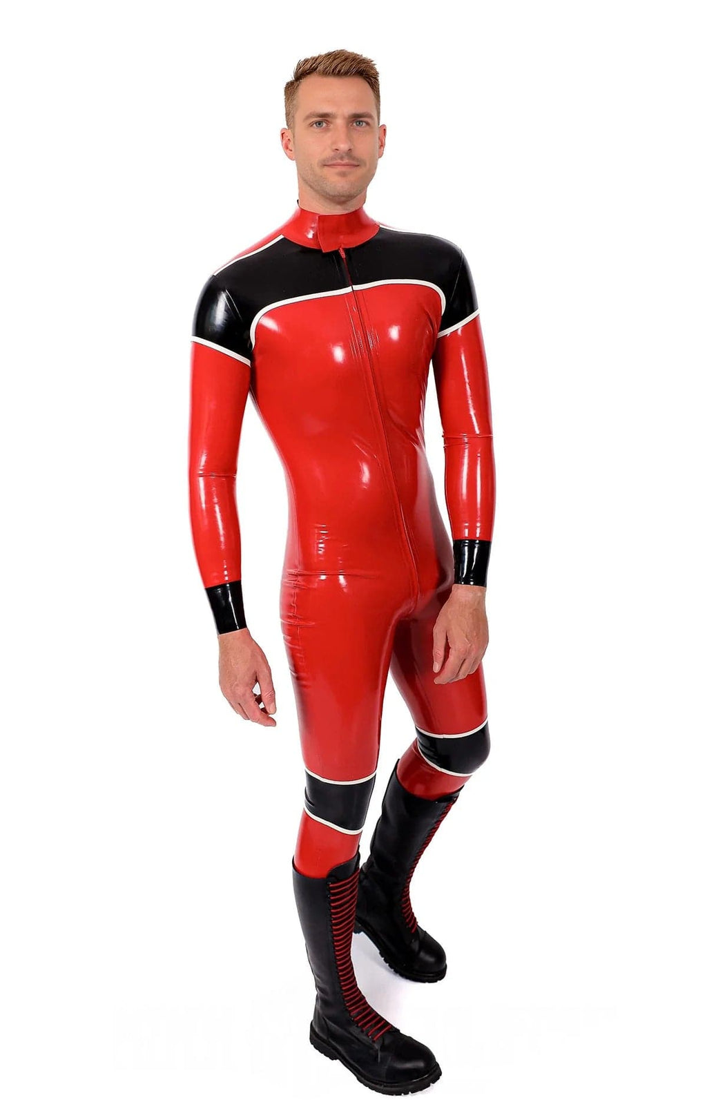 Latex Men’s Three-Colour Catsuit with White Trim Panels – Red, Black and White