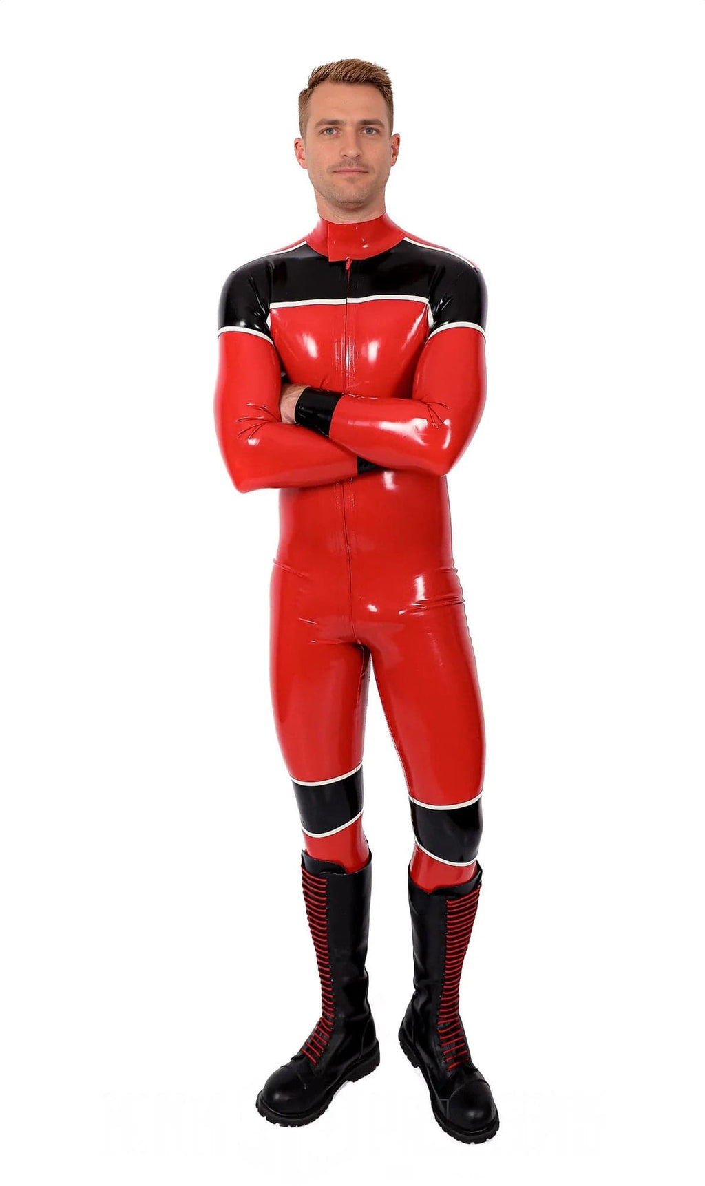 Latex Men’s Three-Colour Catsuit with White Trim Panels – Red, Black and White
