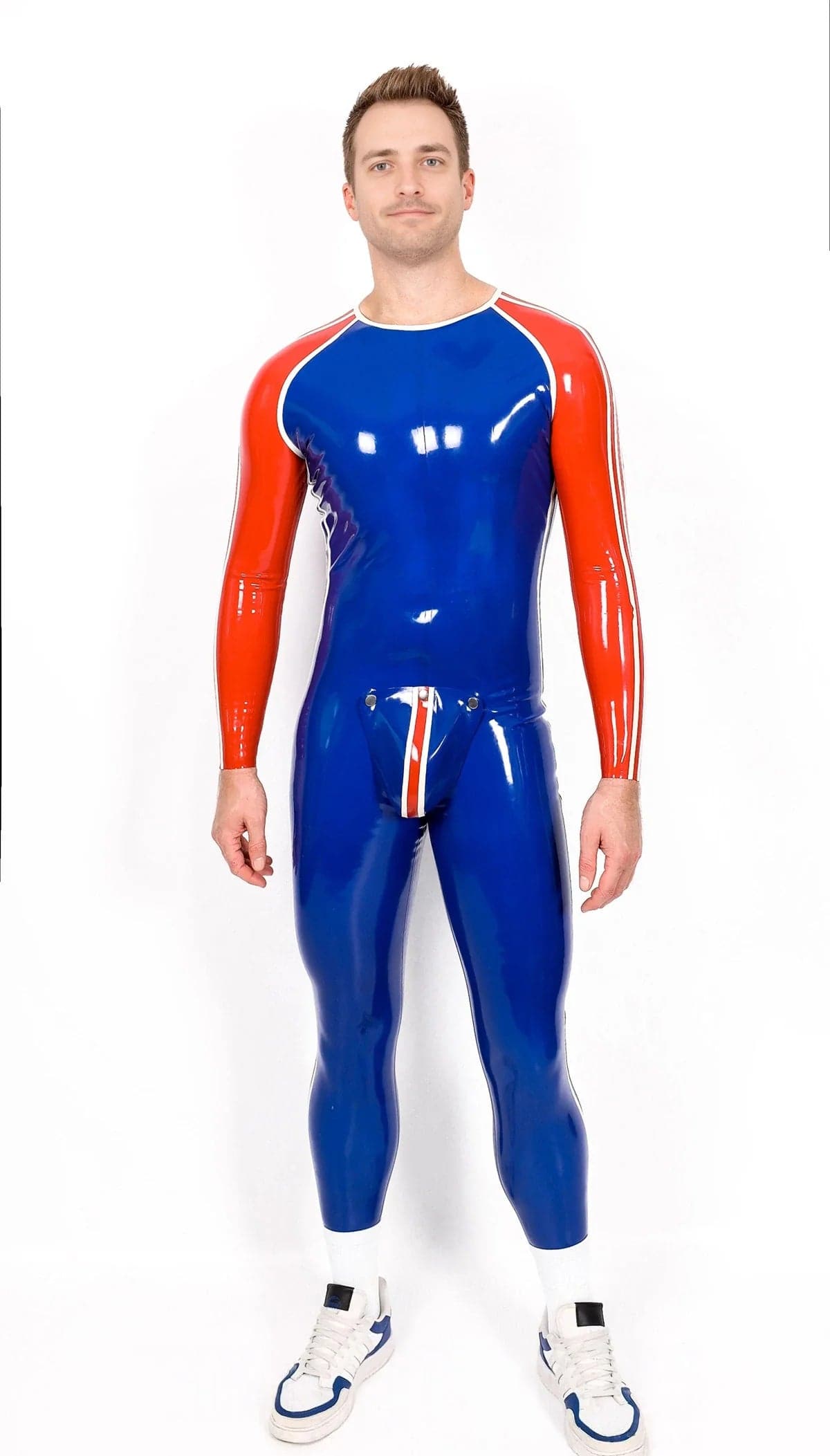 Latex Men’s Sports Catsuit with Codpiece – Royal Blue, Red and White