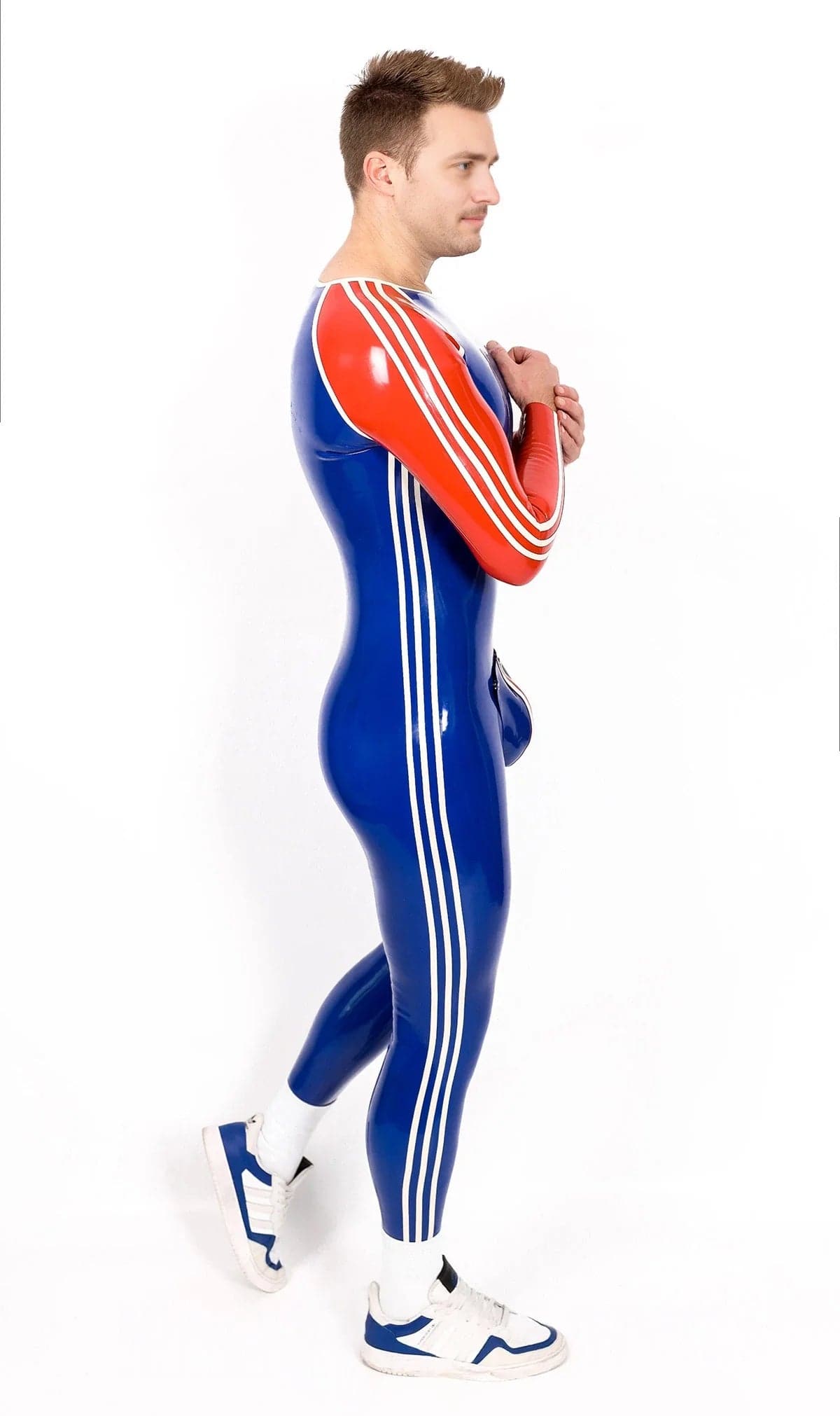 Latex Men’s Sports Catsuit with Codpiece – Royal Blue, Red and White