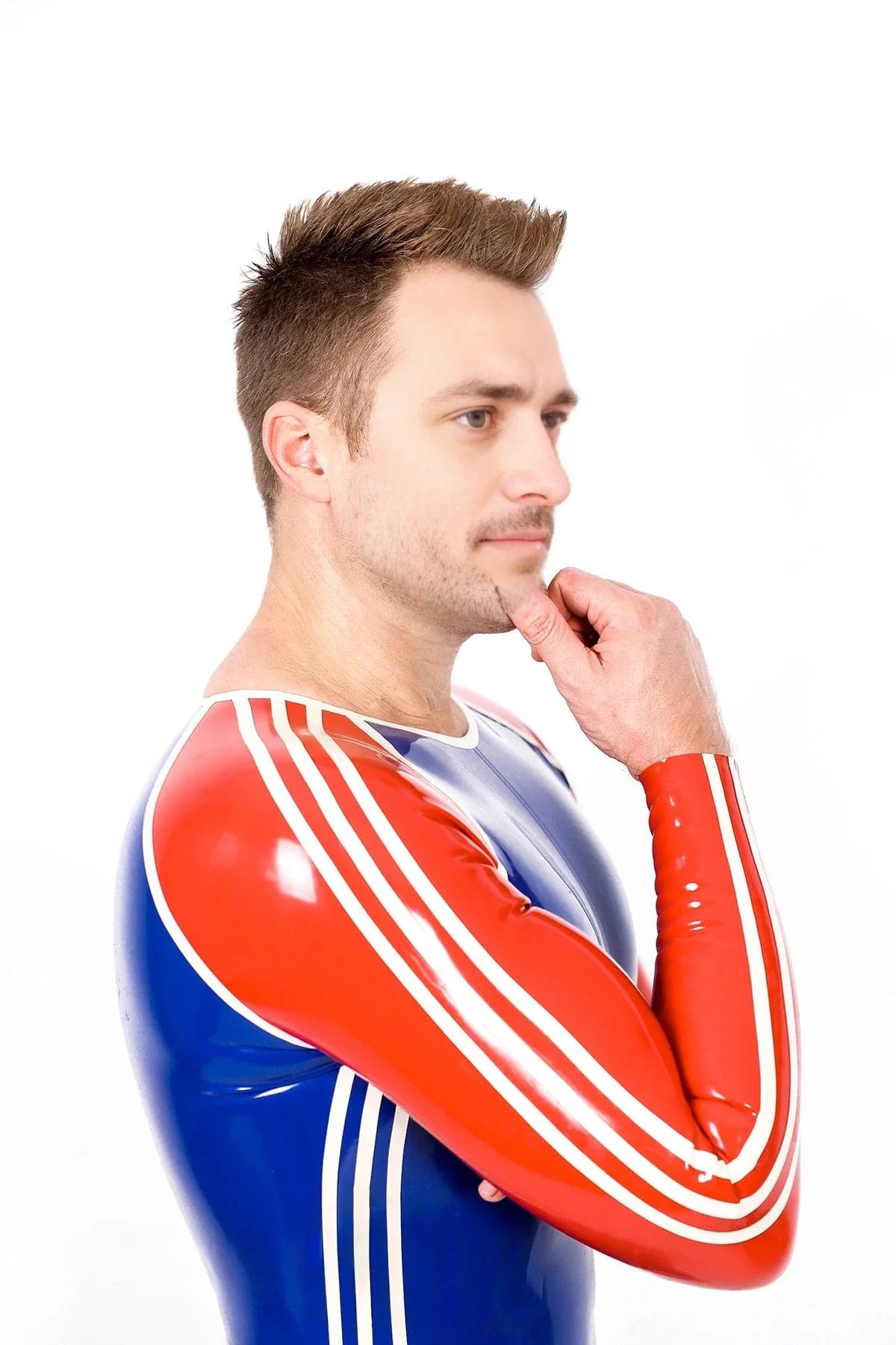 Latex Men’s Sports Catsuit with Codpiece – Royal Blue, Red and White