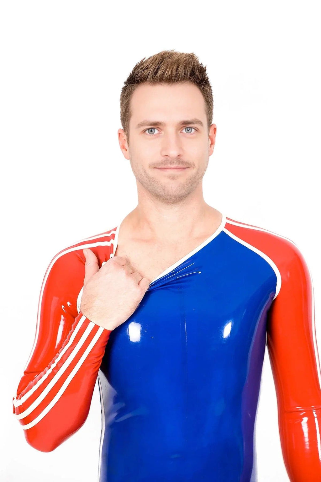 Latex Men’s Sports Catsuit with Codpiece – Royal Blue, Red and White