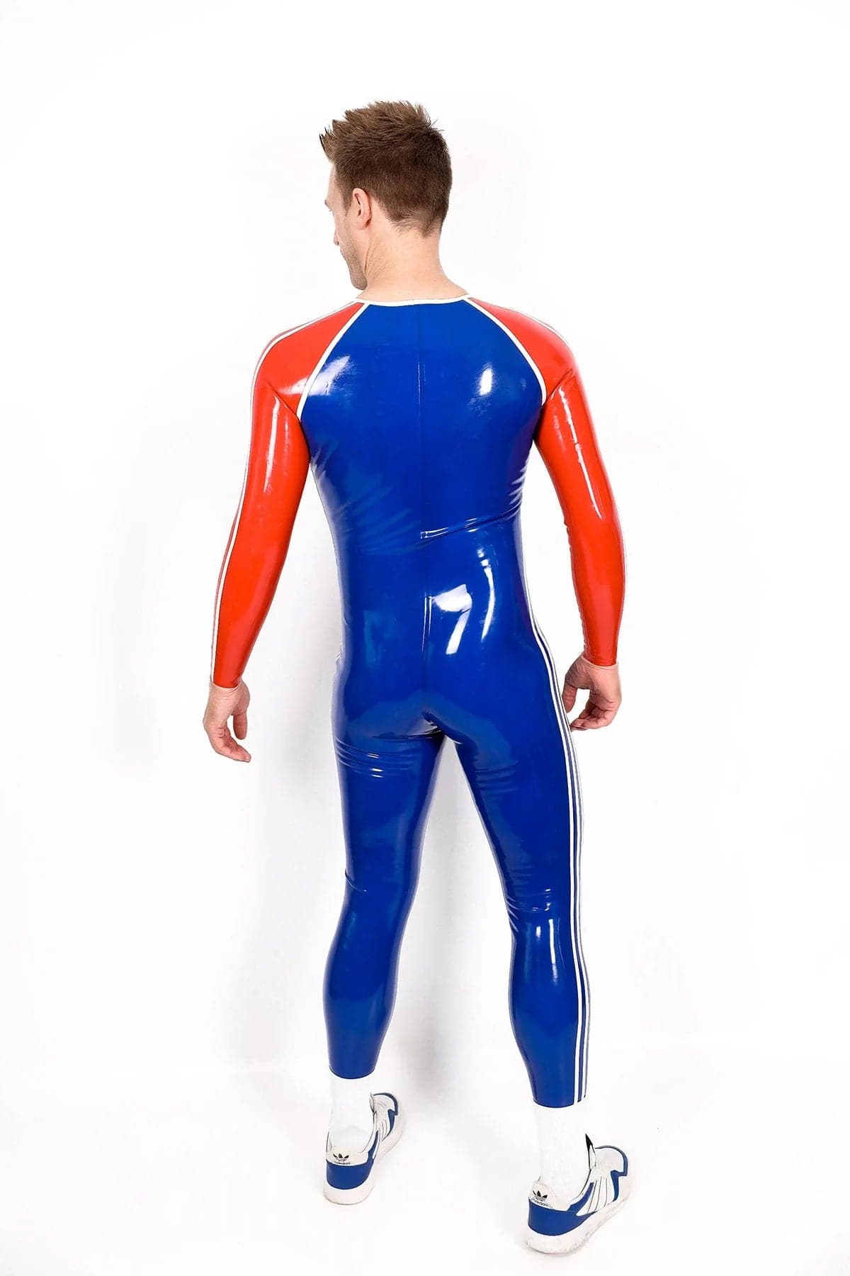 Latex Men’s Sports Catsuit with Codpiece – Royal Blue, Red and White
