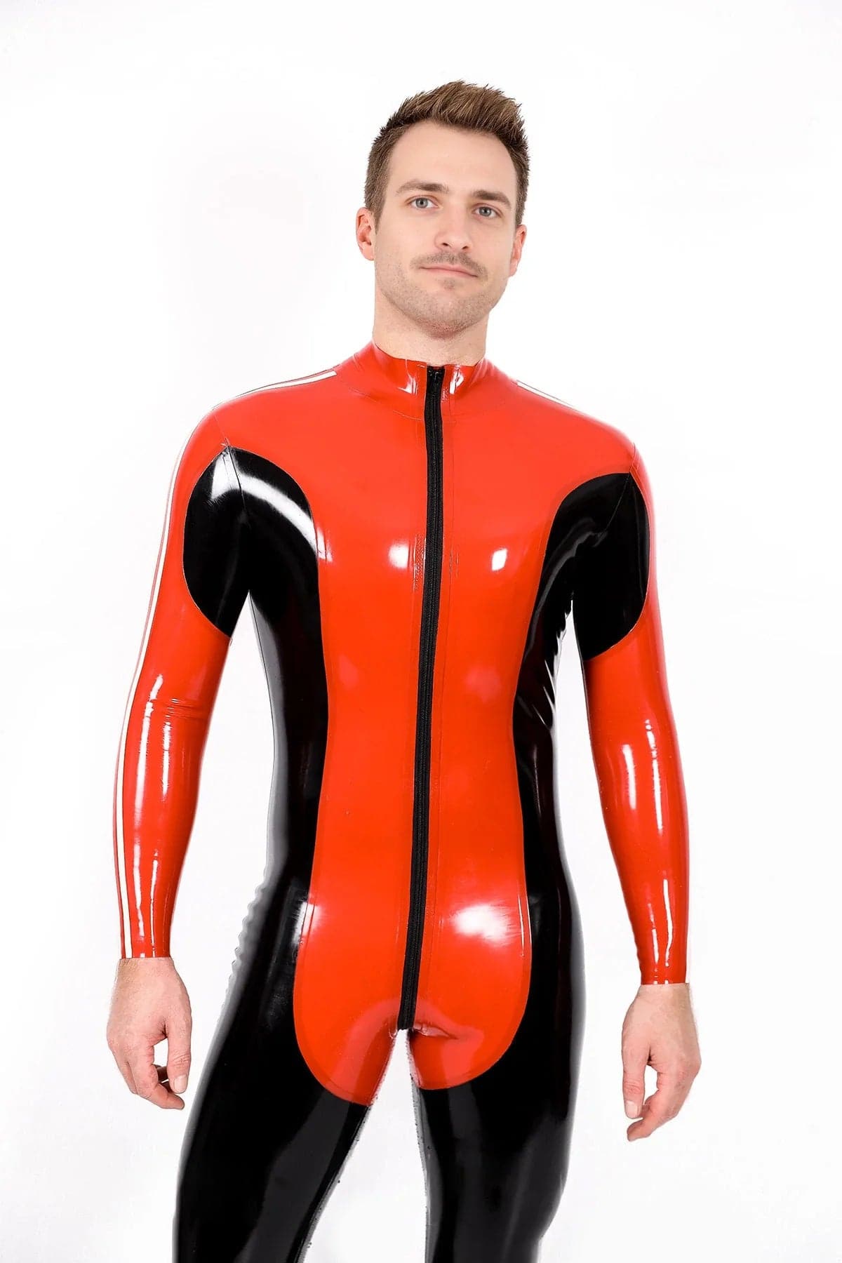 Latex Men’s Racing Catsuit with Shoulder Stripes – Red, Black and White