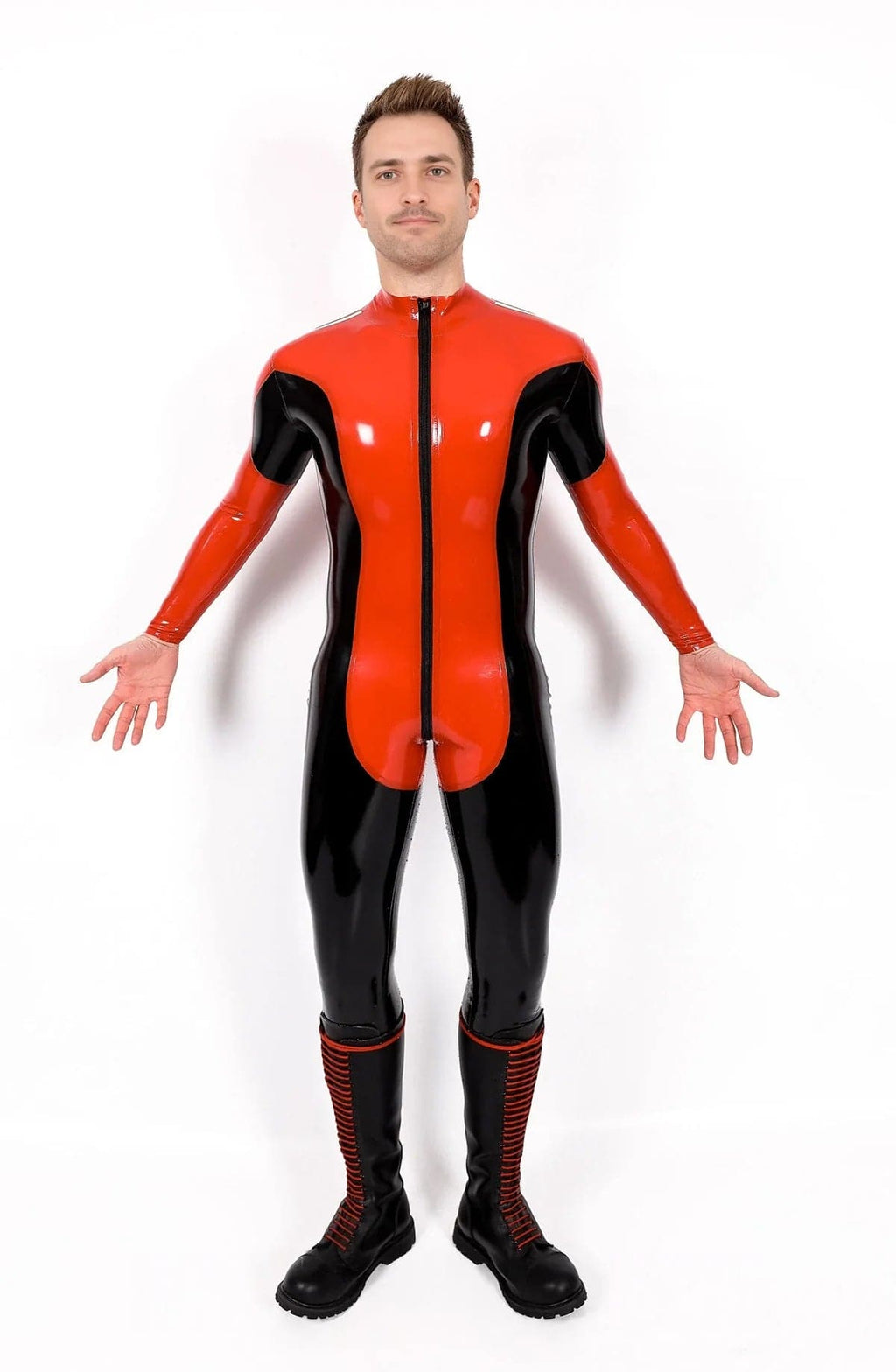 Latex Men’s Racing Catsuit with Shoulder Stripes – Red, Black and White