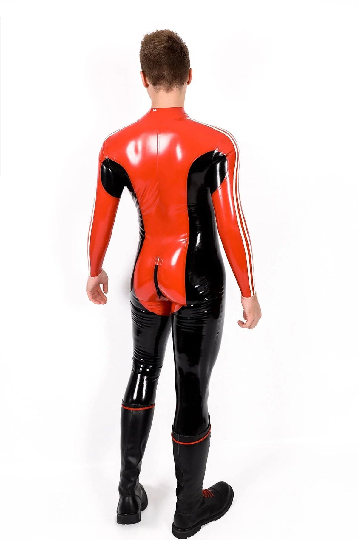 Latex Men’s Racing Catsuit with Shoulder Stripes – Red, Black and White