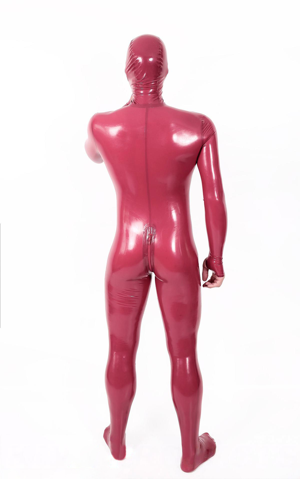 Latex Men’s Full-Body Gimp Suit with Hood, Gauntlets and Feet – Metallic Cherry