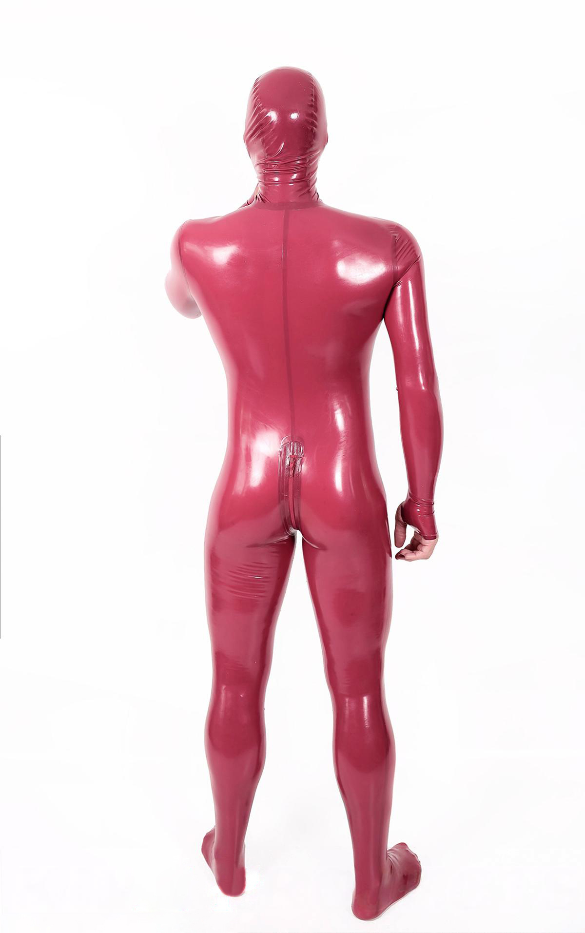 Latex Men’s Full-Body Gimp Suit with Hood, Gauntlets and Feet – Metallic Cherry