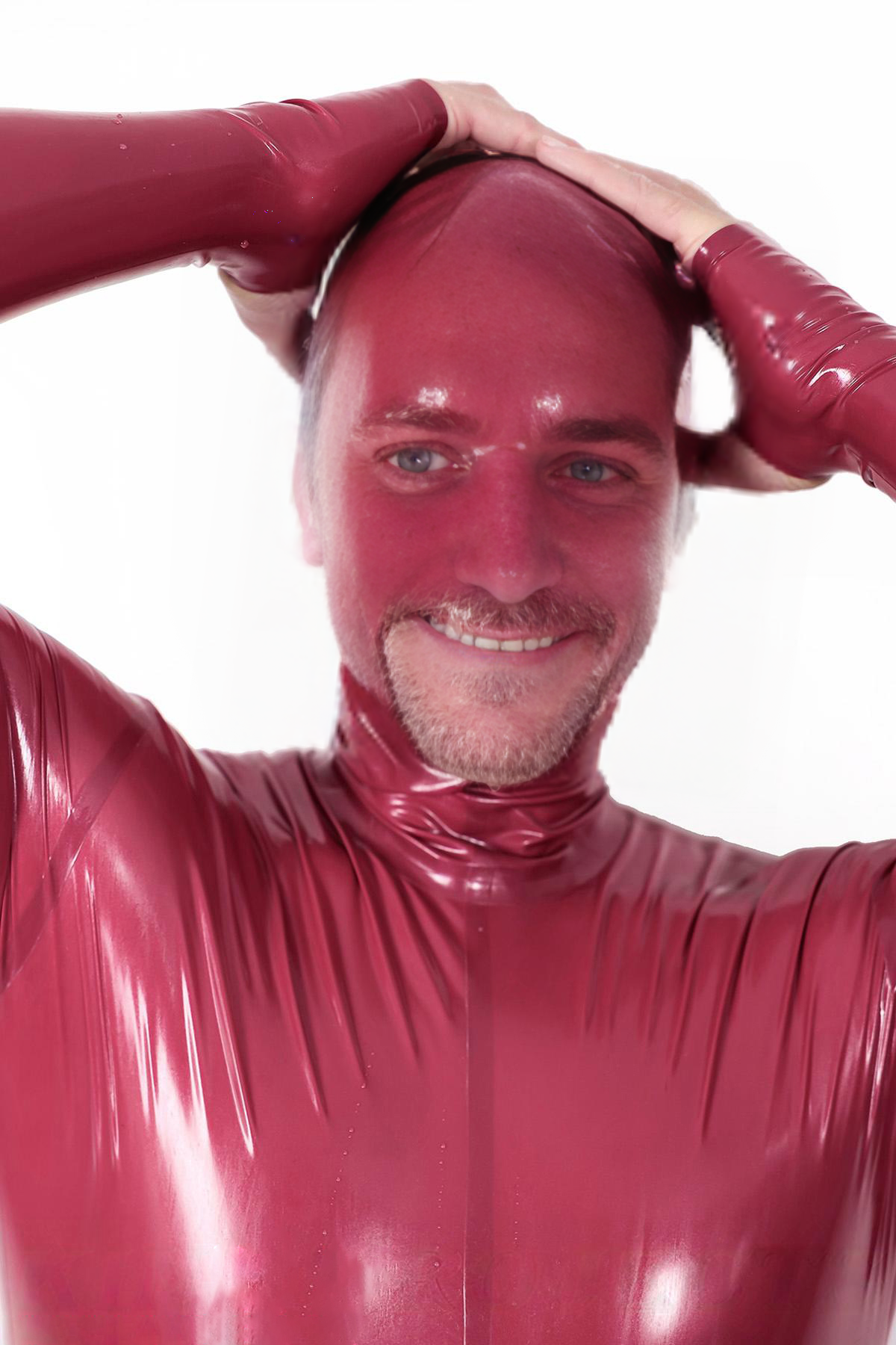 Latex Men’s Full-Body Gimp Suit with Hood, Gauntlets and Feet – Metallic Cherry