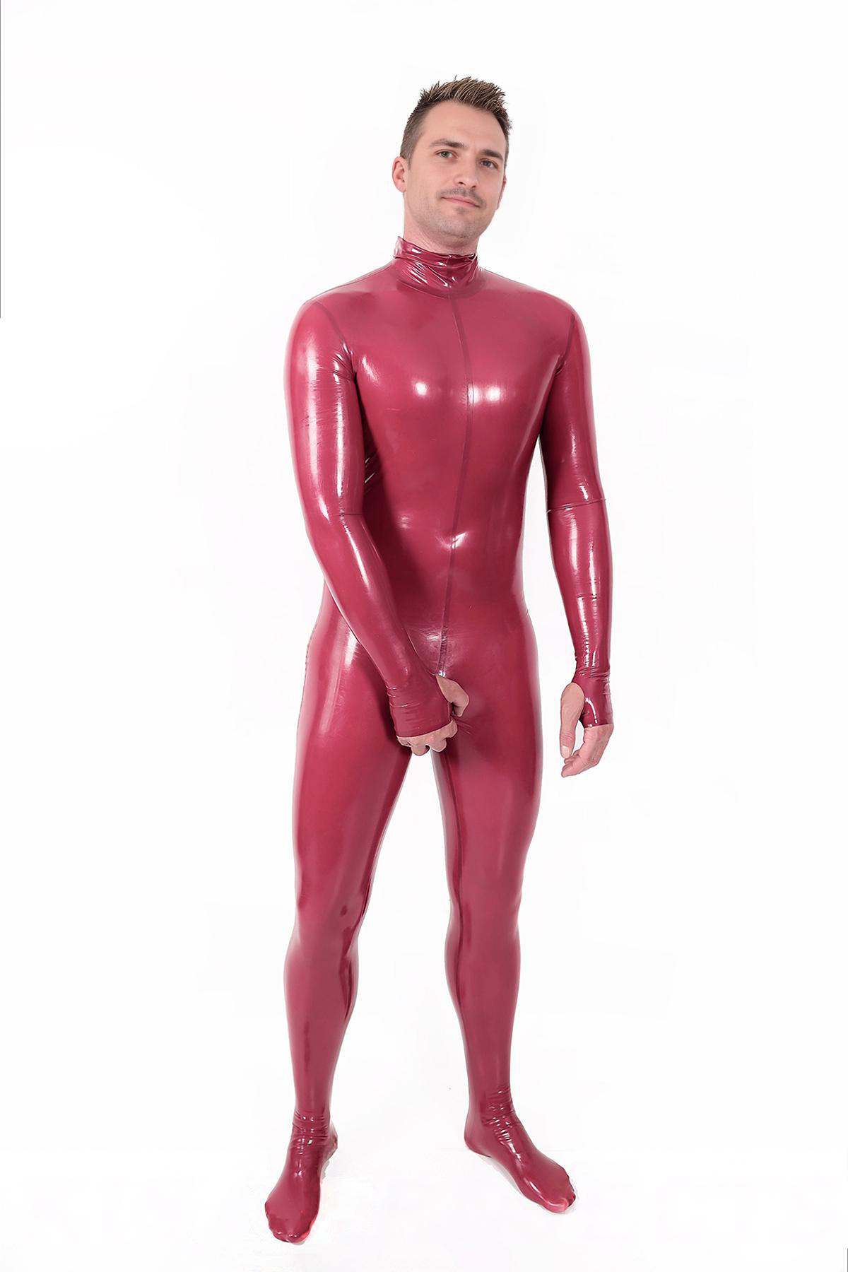 Latex Men’s Full-Body Gimp Suit with Hood, Gauntlets and Feet – Metallic Cherry