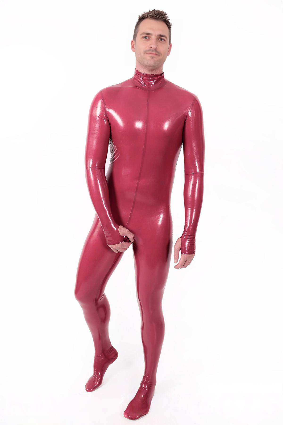 Latex Men’s Full-Body Gimp Suit with Hood, Gauntlets and Feet – Metallic Cherry