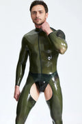 Latex Men’s Chaps-Look Catsuit with Shoulder Zips – Translucent Olive