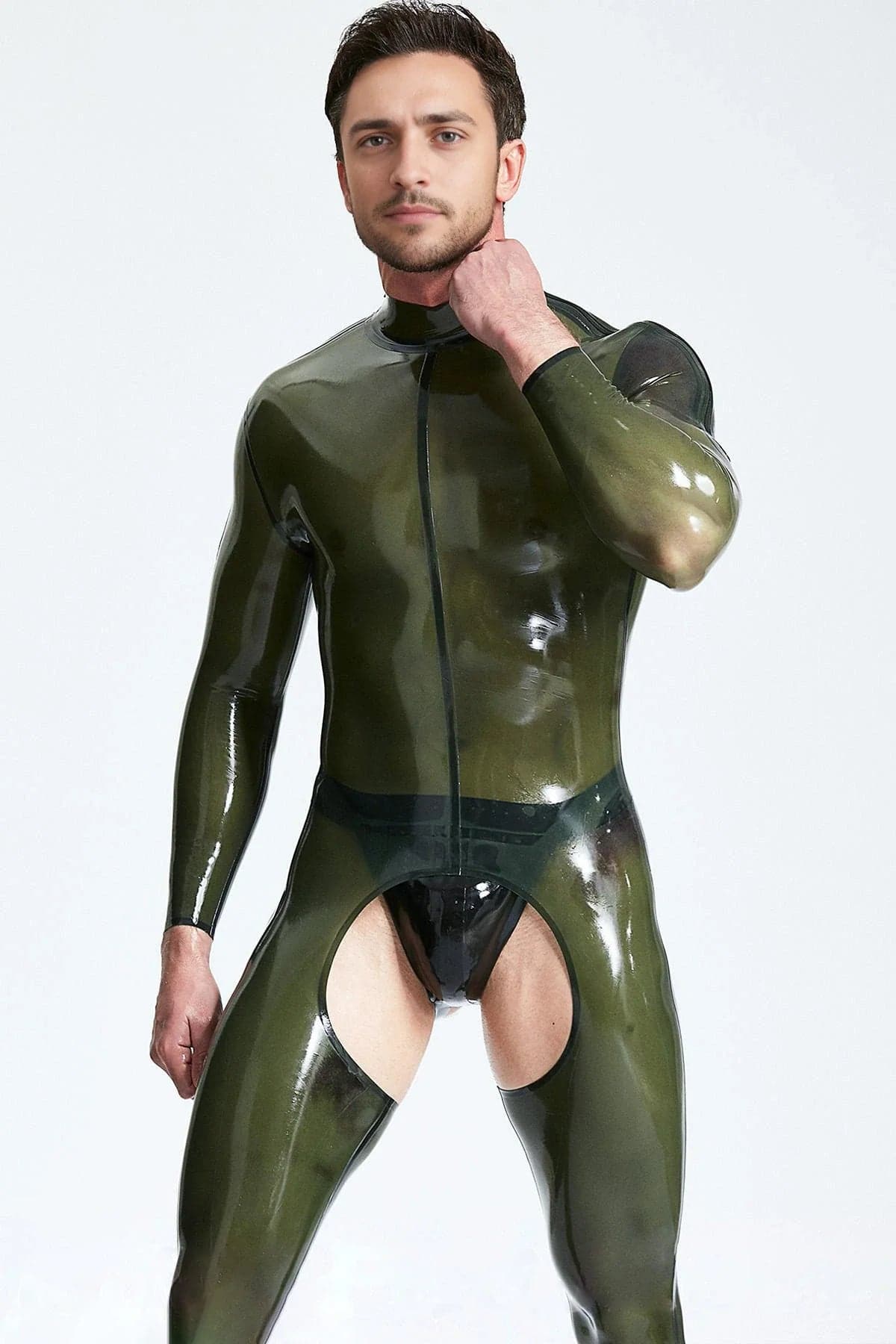 Latex Men’s Chaps-Look Catsuit with Shoulder Zips – Translucent Olive