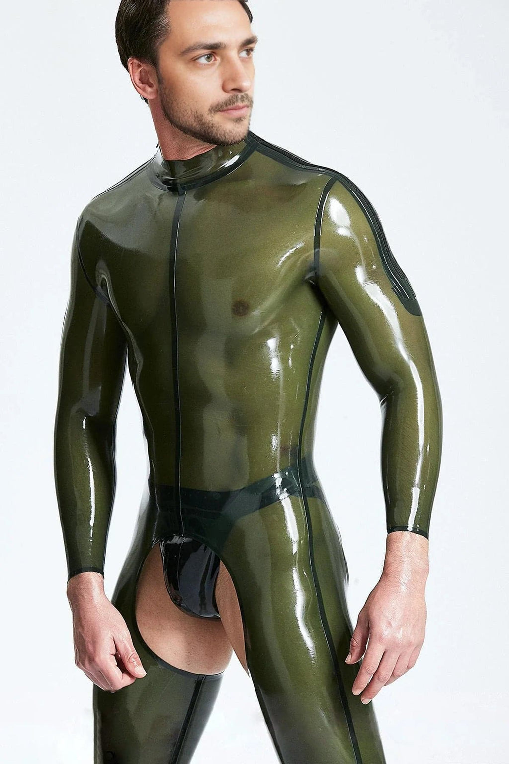 Latex Men’s Chaps-Look Catsuit with Shoulder Zips – Translucent Olive