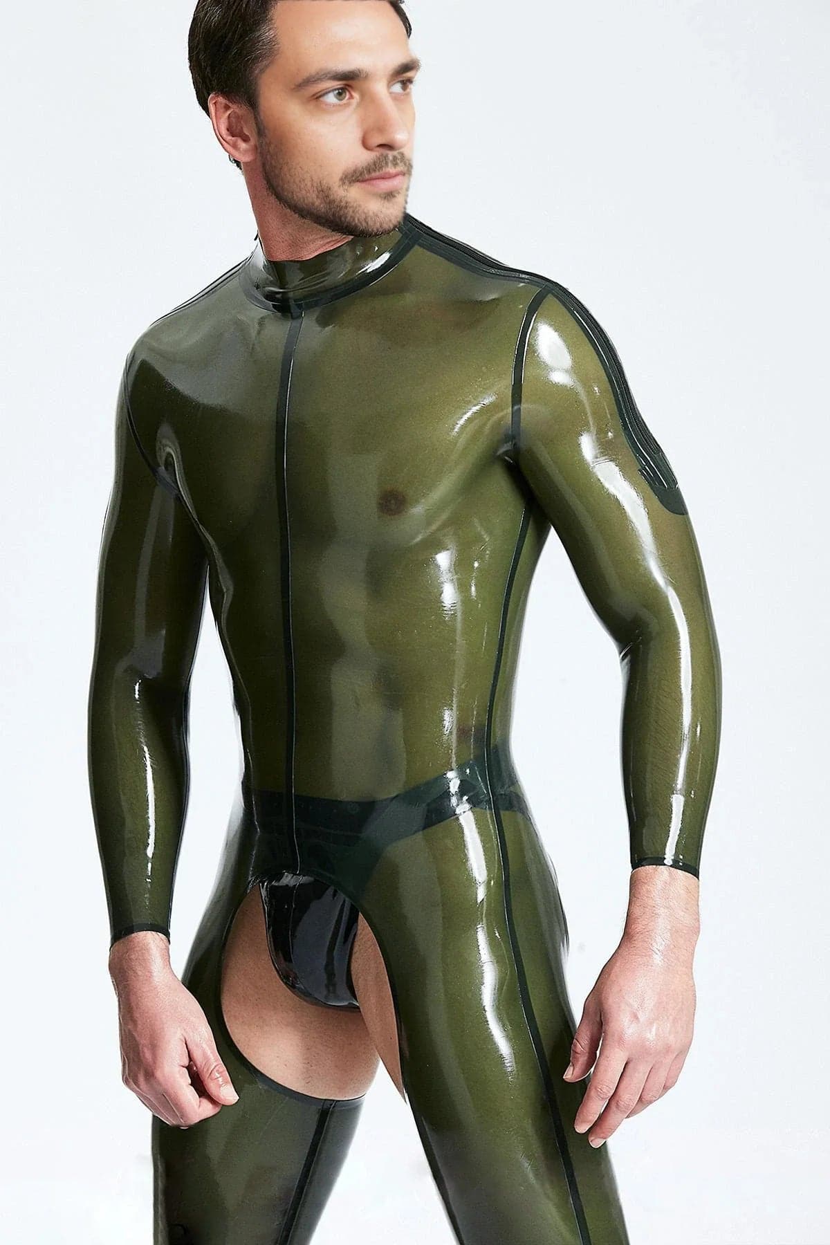Latex Men’s Chaps-Look Catsuit with Shoulder Zips – Translucent Olive