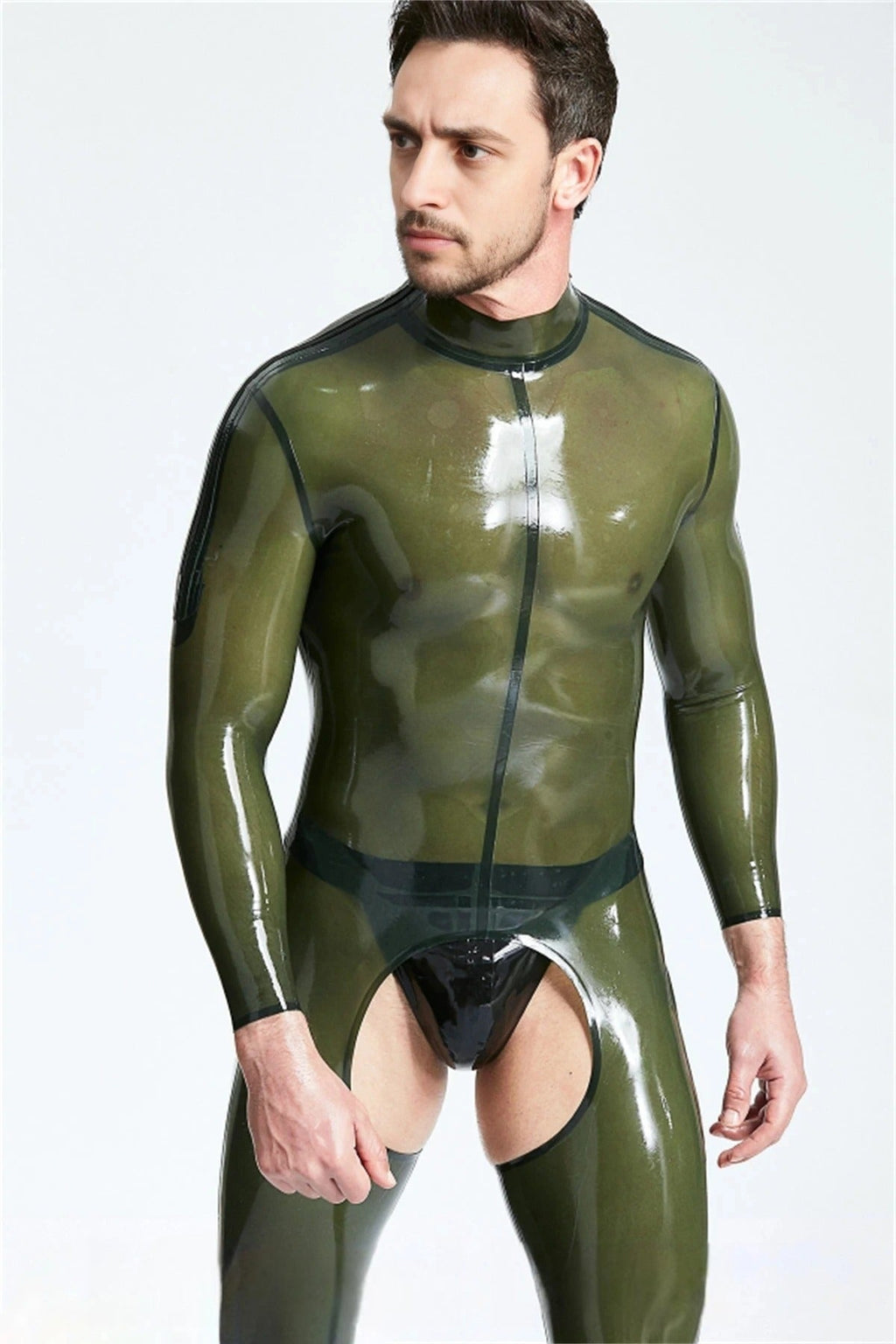 Latex Men’s Chaps-Look Catsuit with Shoulder Zips – Translucent Olive