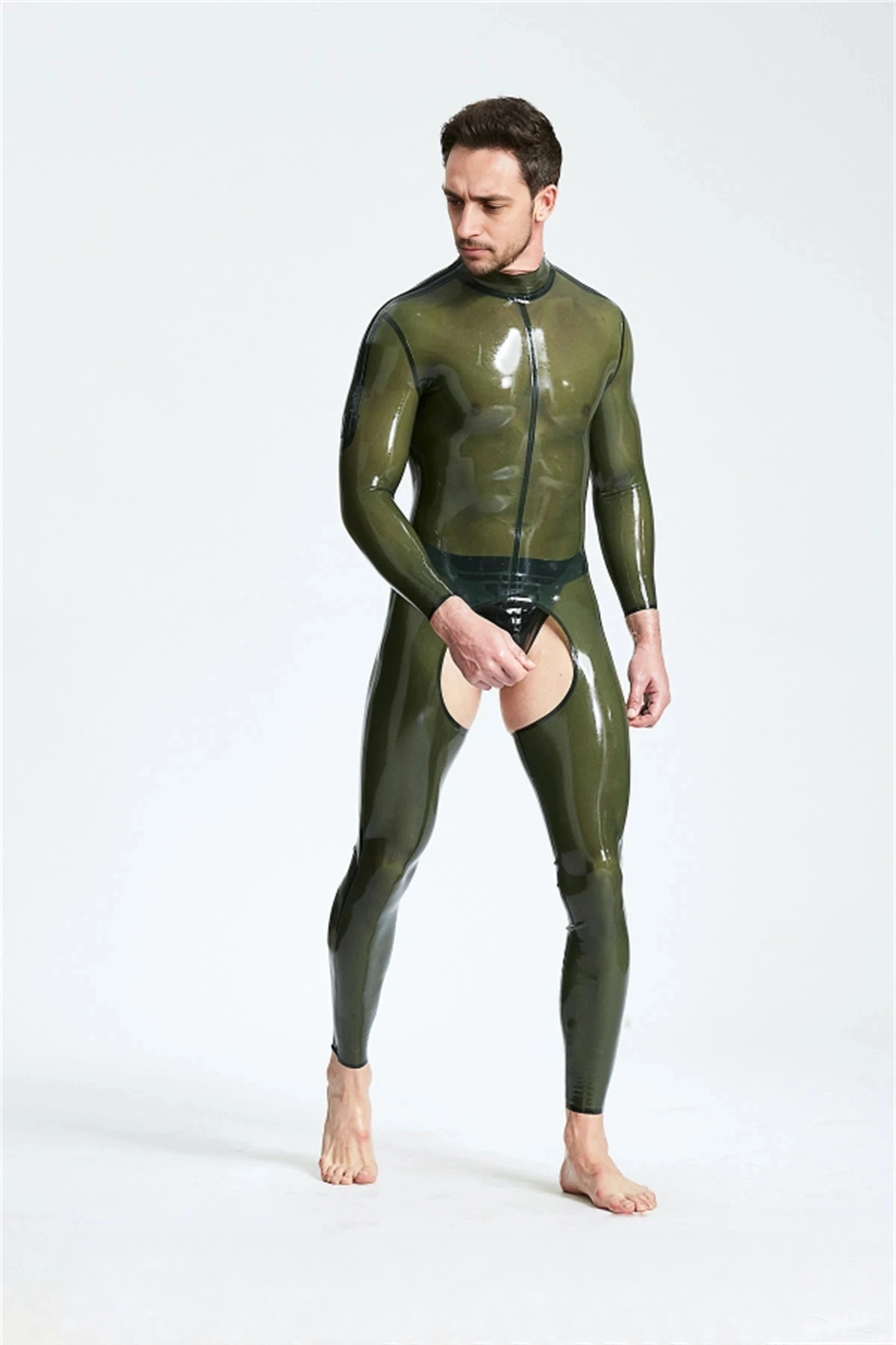 Latex Men’s Chaps-Look Catsuit with Shoulder Zips – Translucent Olive