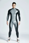 Latex Men’s Two-Colour Catsuit with Zig-Zag Wing Panels and Front Pouch – Metallic Silver and Black